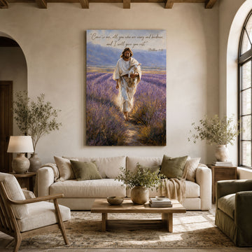 Come to Me All Who Are Weary Canvas Print, Jesus Carrying Lamb Christian Wall Art, Matthew 11 28 Faith Decor