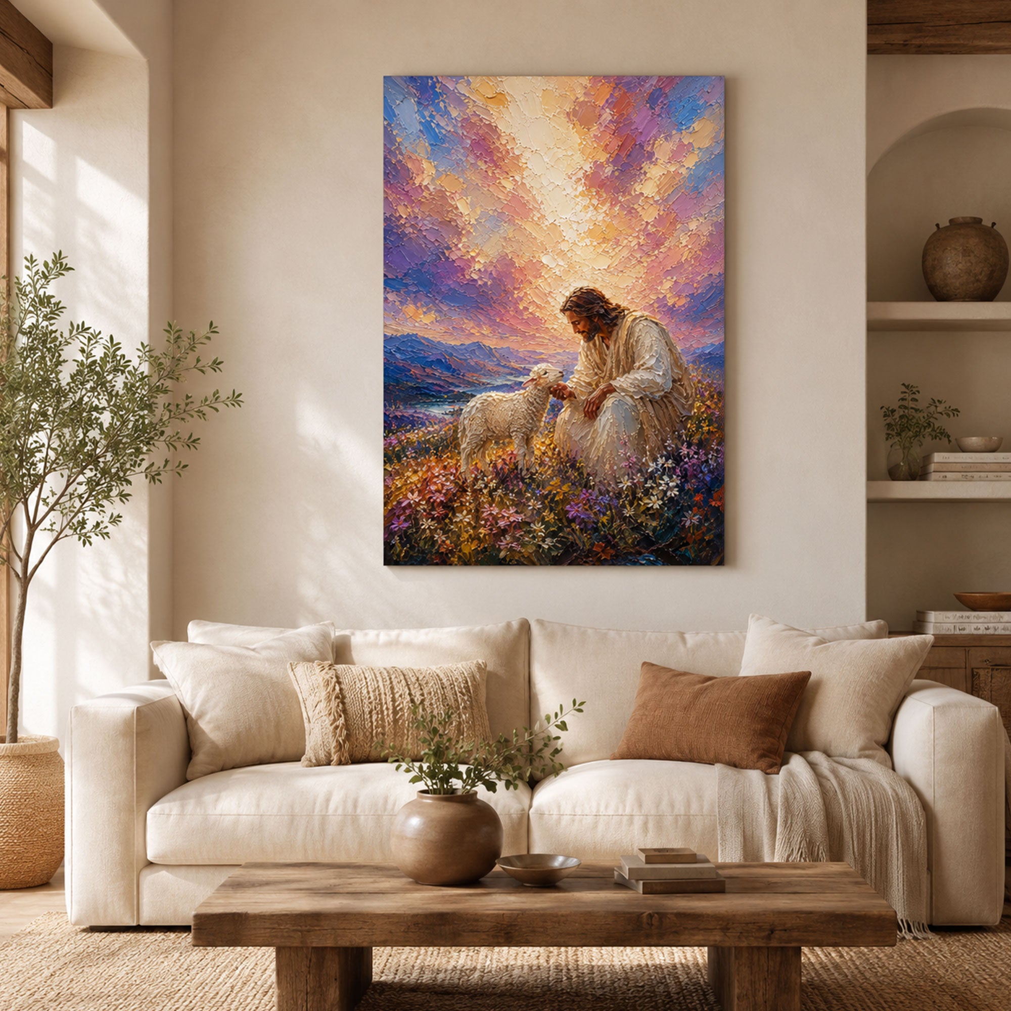 Good Shepherd Jesus Canvas Print, Jesus with Lamb Wall Art, Peaceful Christian Artwork, Religious Home Decor