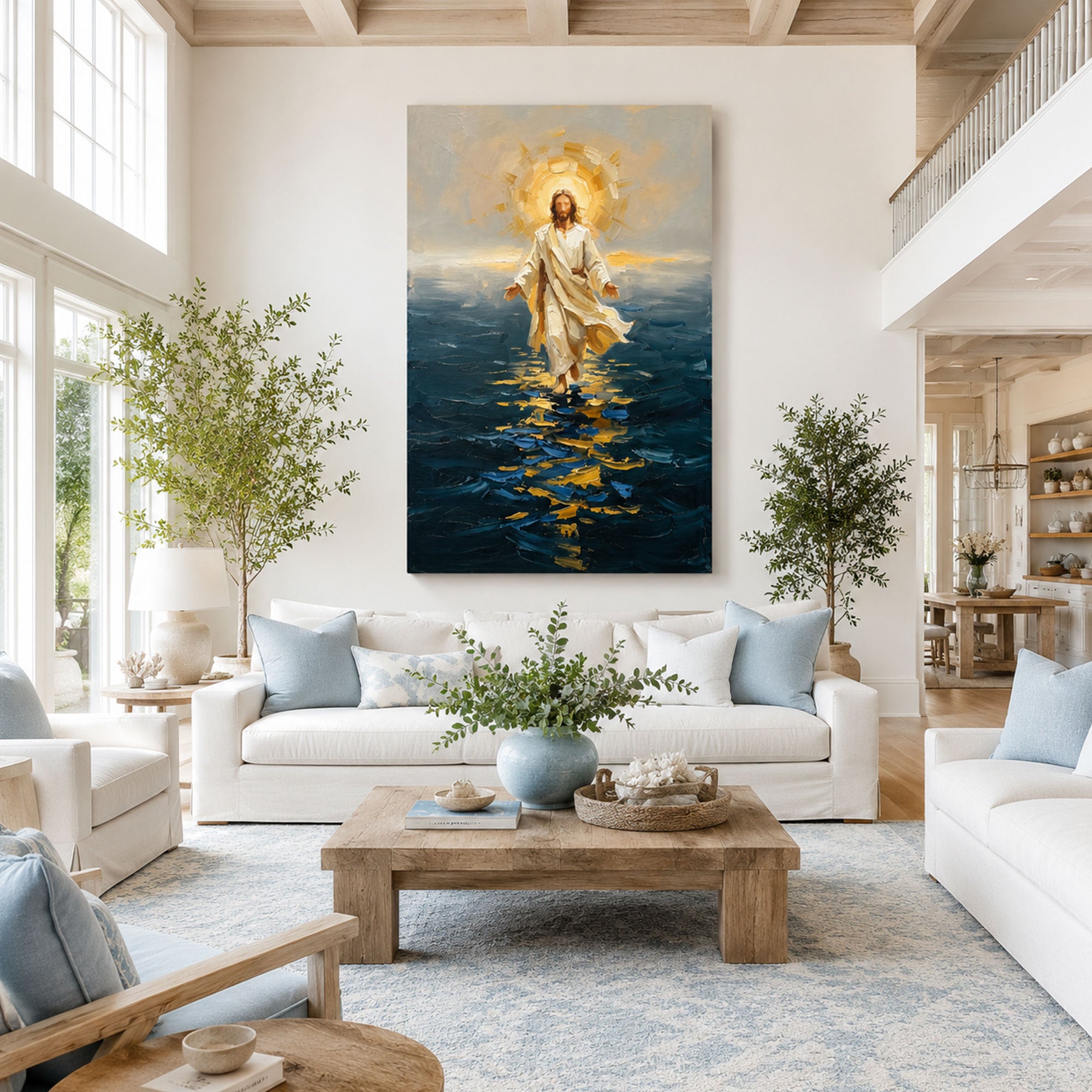 Jesus Walking on Water Canvas Wall Art, Modern Impasto Christian Faith Print, Blue Religious Home Decor, Made to Order Gift