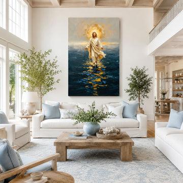 Jesus Walking on Water Canvas Wall Art, Modern Impasto Christian Faith Print, Blue Religious Home Decor, Made to Order Gift