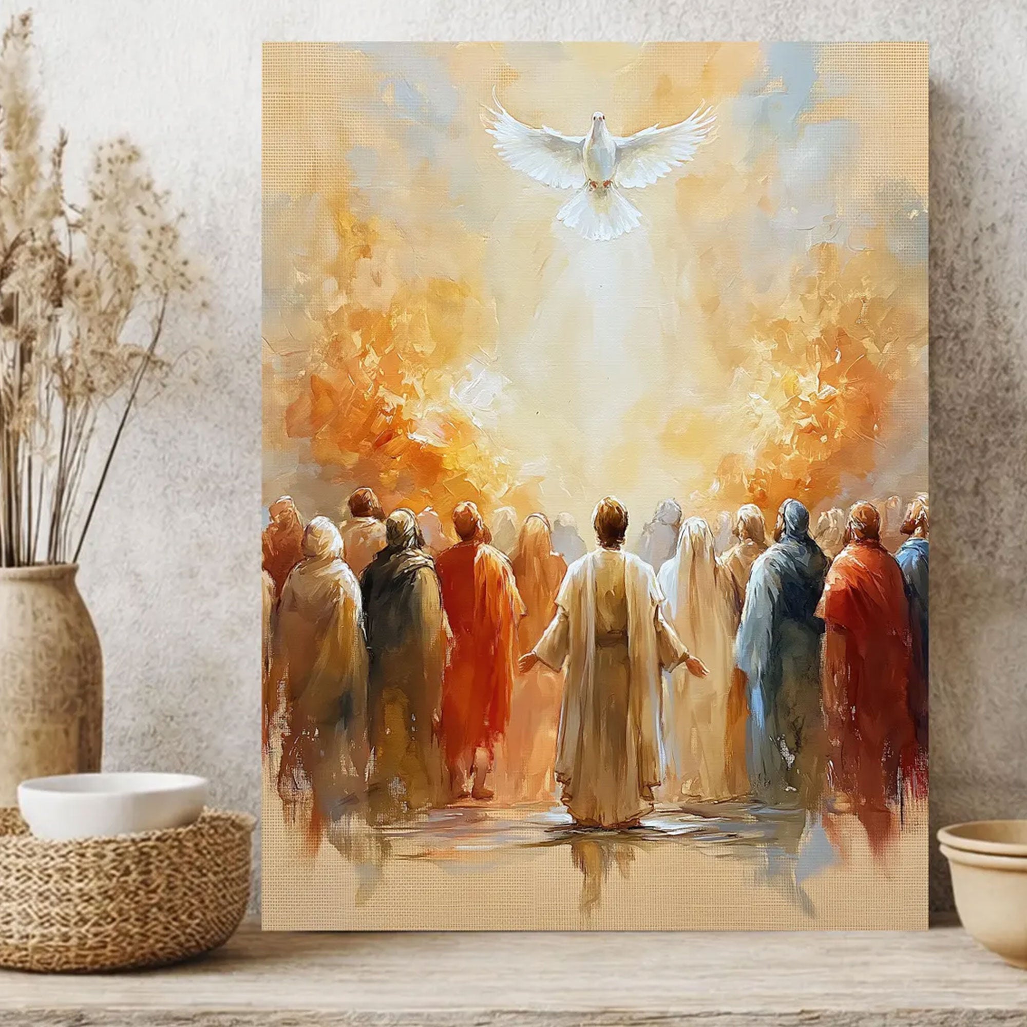 Pentecost Holy Spirit Canvas Print, Dove Christian Wall Art, Biblical Fire Faith Decor