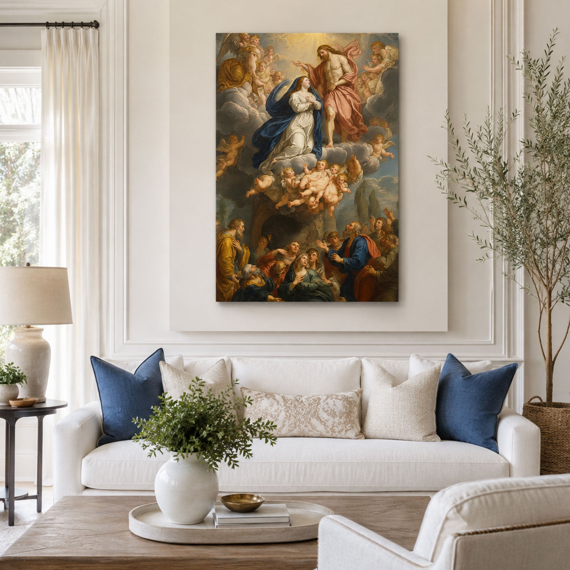 Assumption of the Virgin Mary Canvas Print, Jesus Welcoming Mary into Heaven, Catholic Wall Decor
