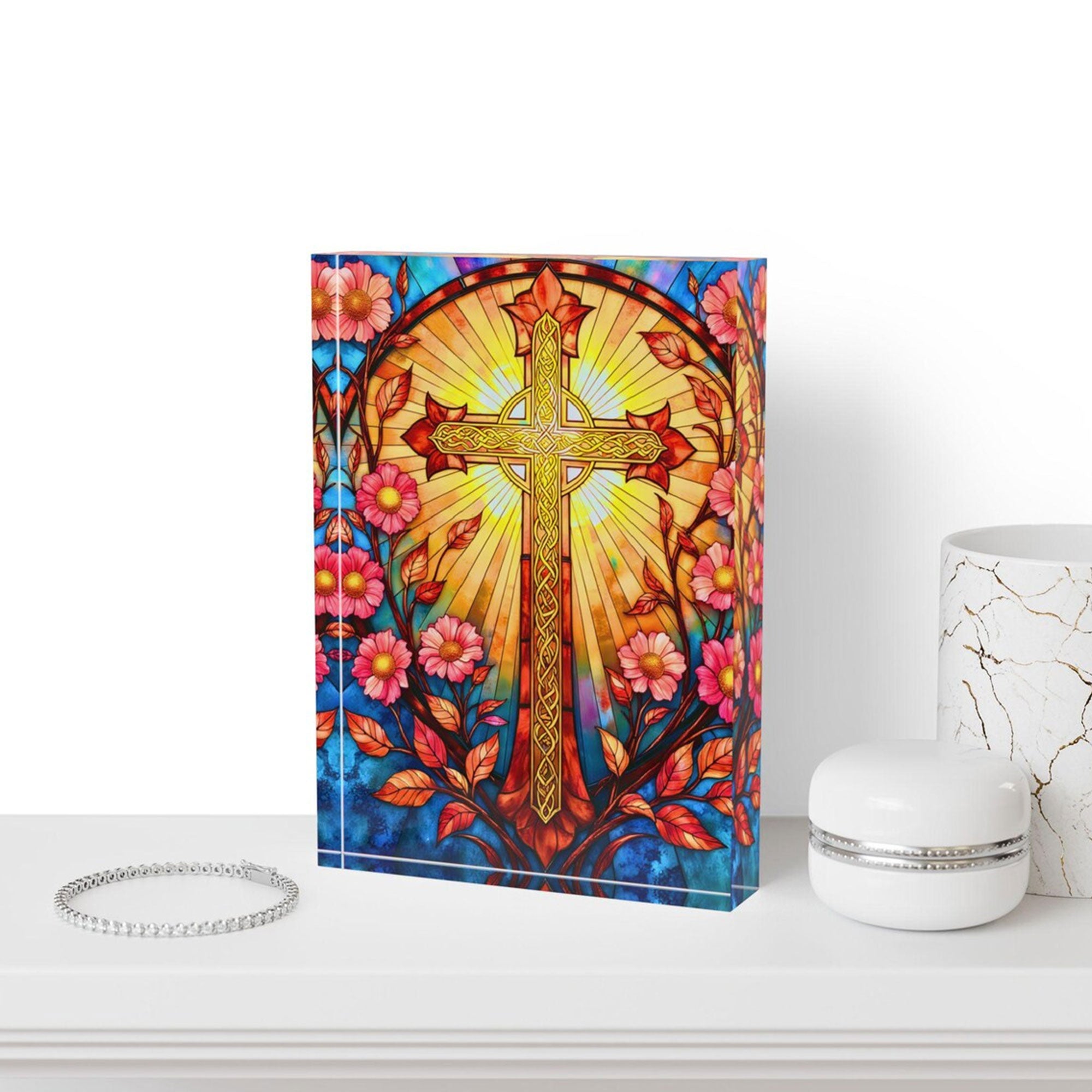 Stained Glass Cross Acrylic Plaque, Easter Christian Catholic Gift, Comfort Gift for Friend, Housewarming Faith Decor