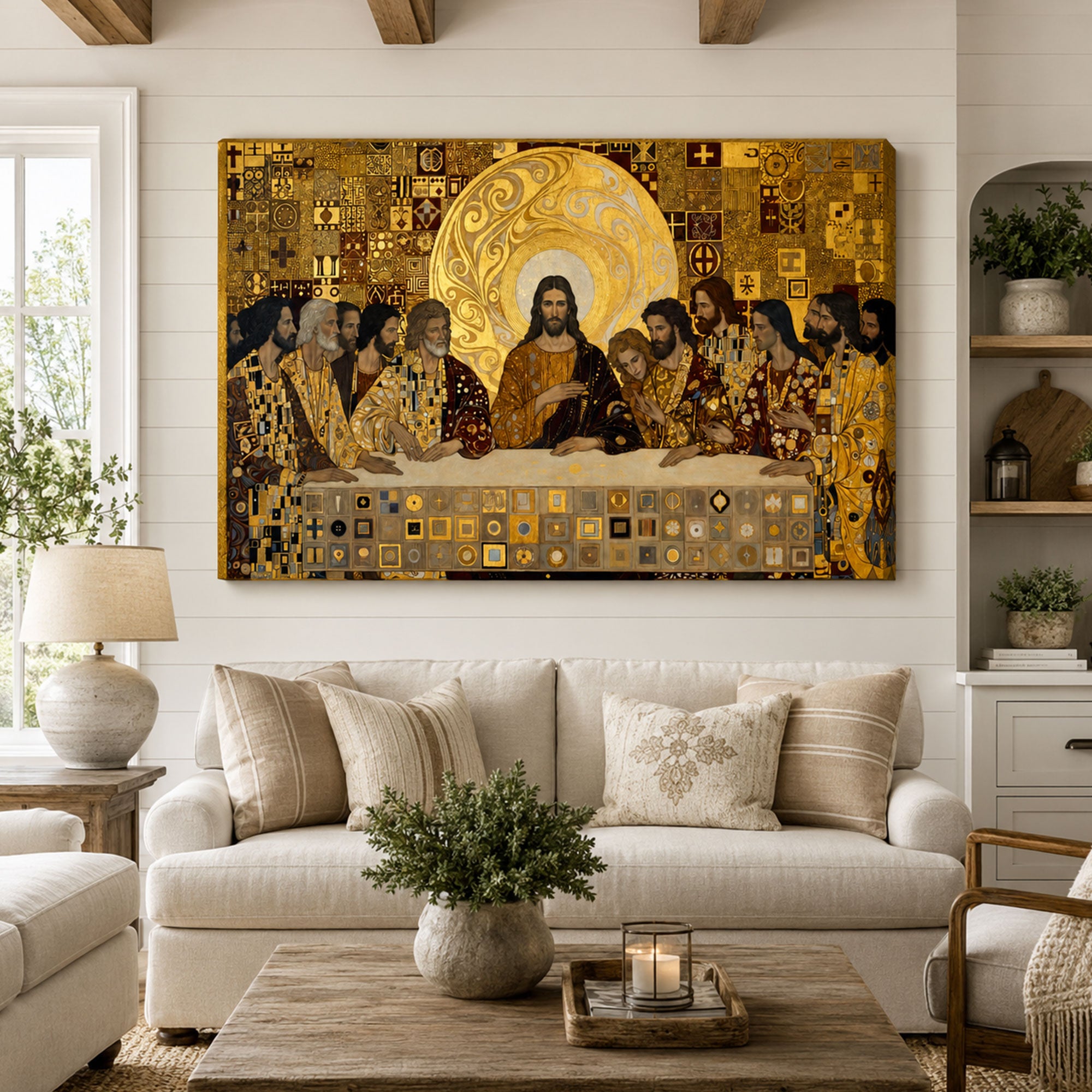 Gustav Klimt Last Supper Canvas Print, Gold Mosaic Christian Wall Art, Iconic Religious Home Decor