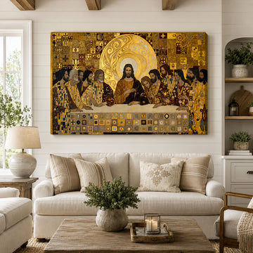 Gustav Klimt Last Supper Canvas Print, Gold Mosaic Christian Wall Art, Iconic Religious Home Decor