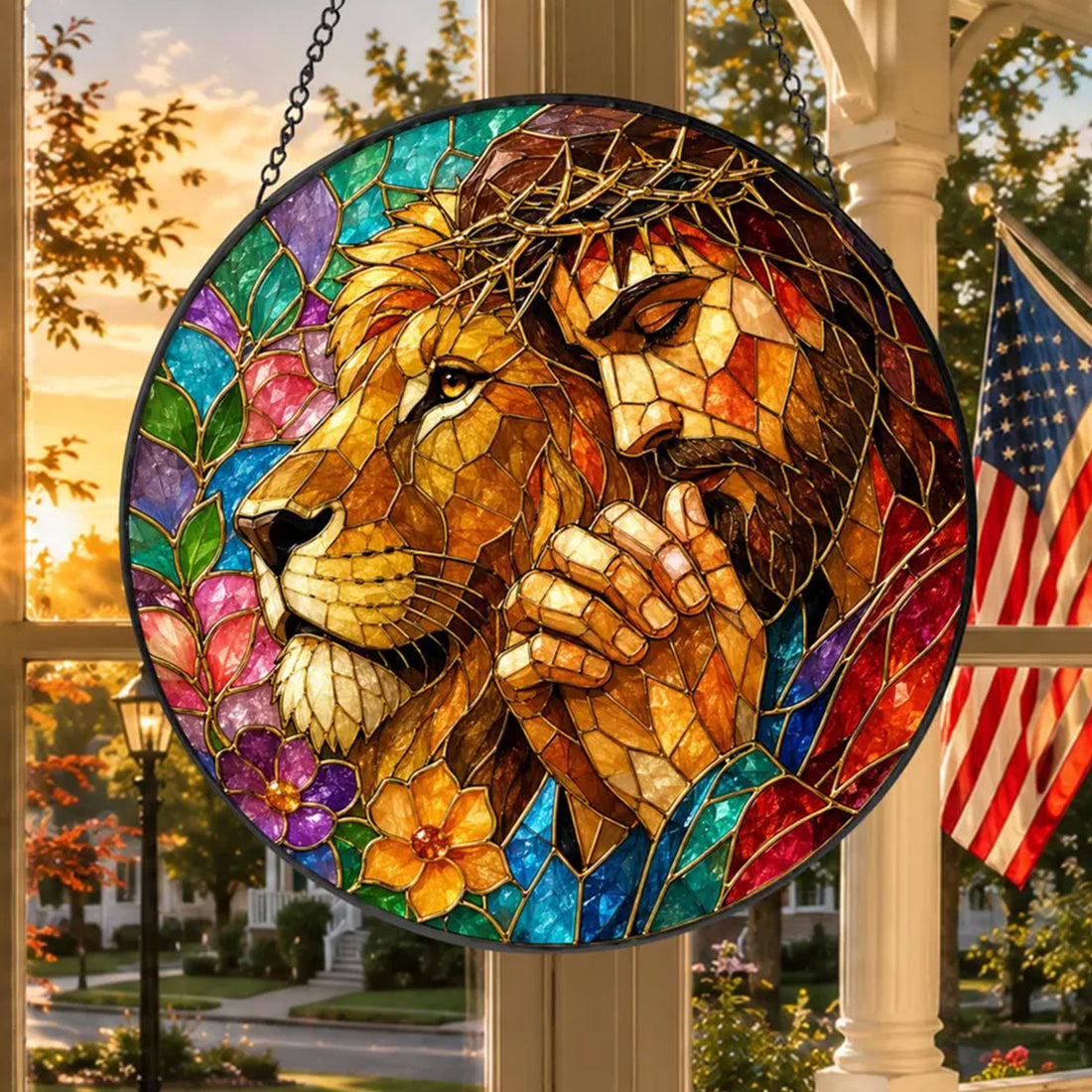 Jesus and Lion of Judah Suncatcher, Crown of Thorns Christian Window Hanging, Faith Gift