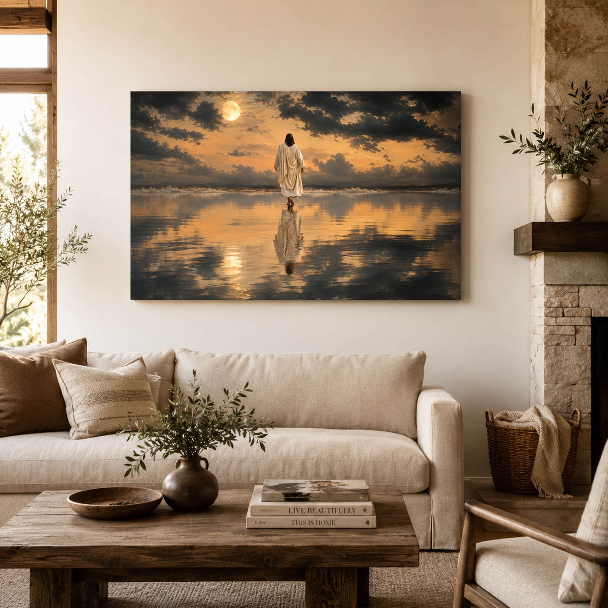 Jesus Walking on Water Panoramic Canvas Print, Christian Ocean Wall Art, Faith Home Decor Gift