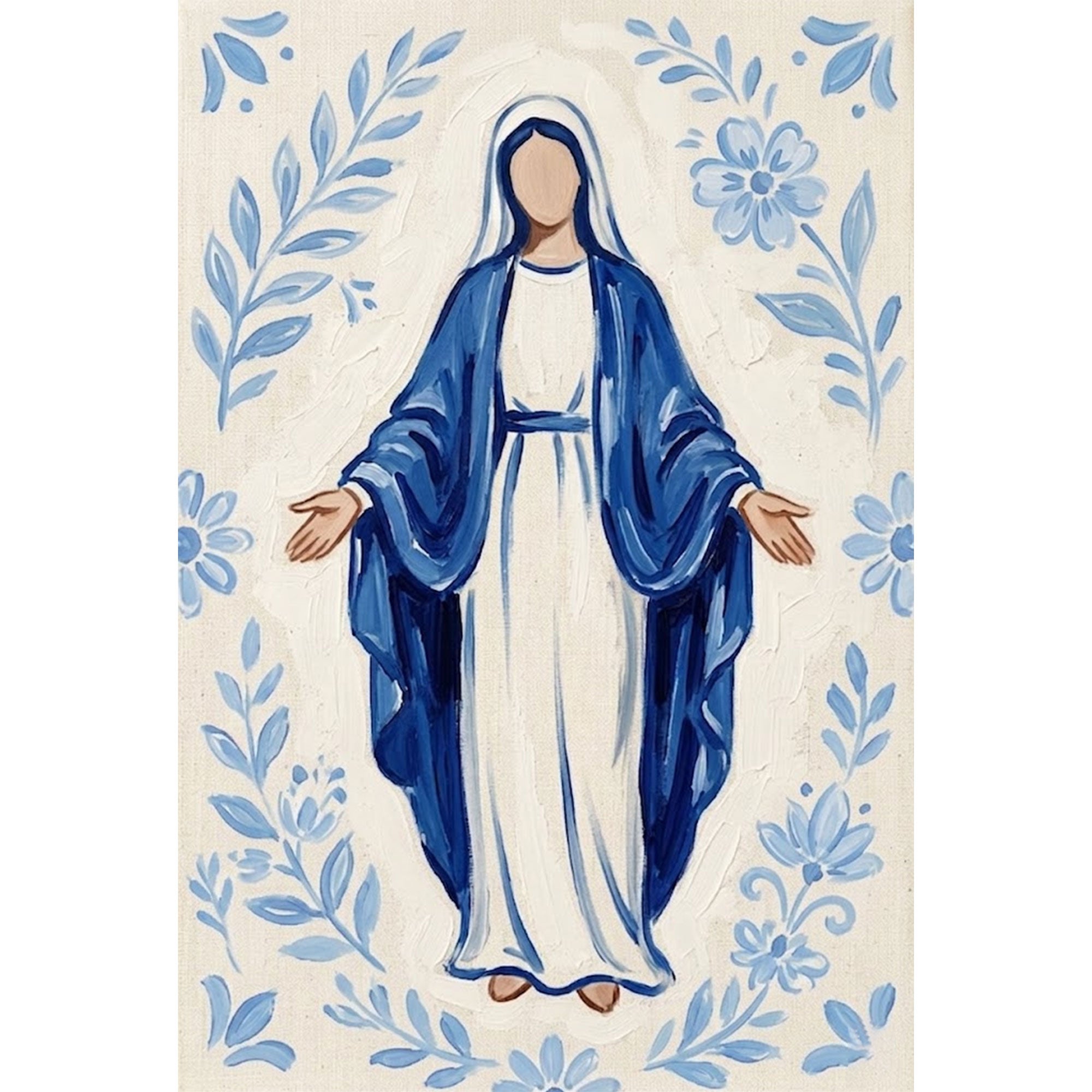 Minimalist Virgin Mary Canvas Print, Blue Madonna Catholic Wall Art, Christian Religious Decor, Sacred Home Painting