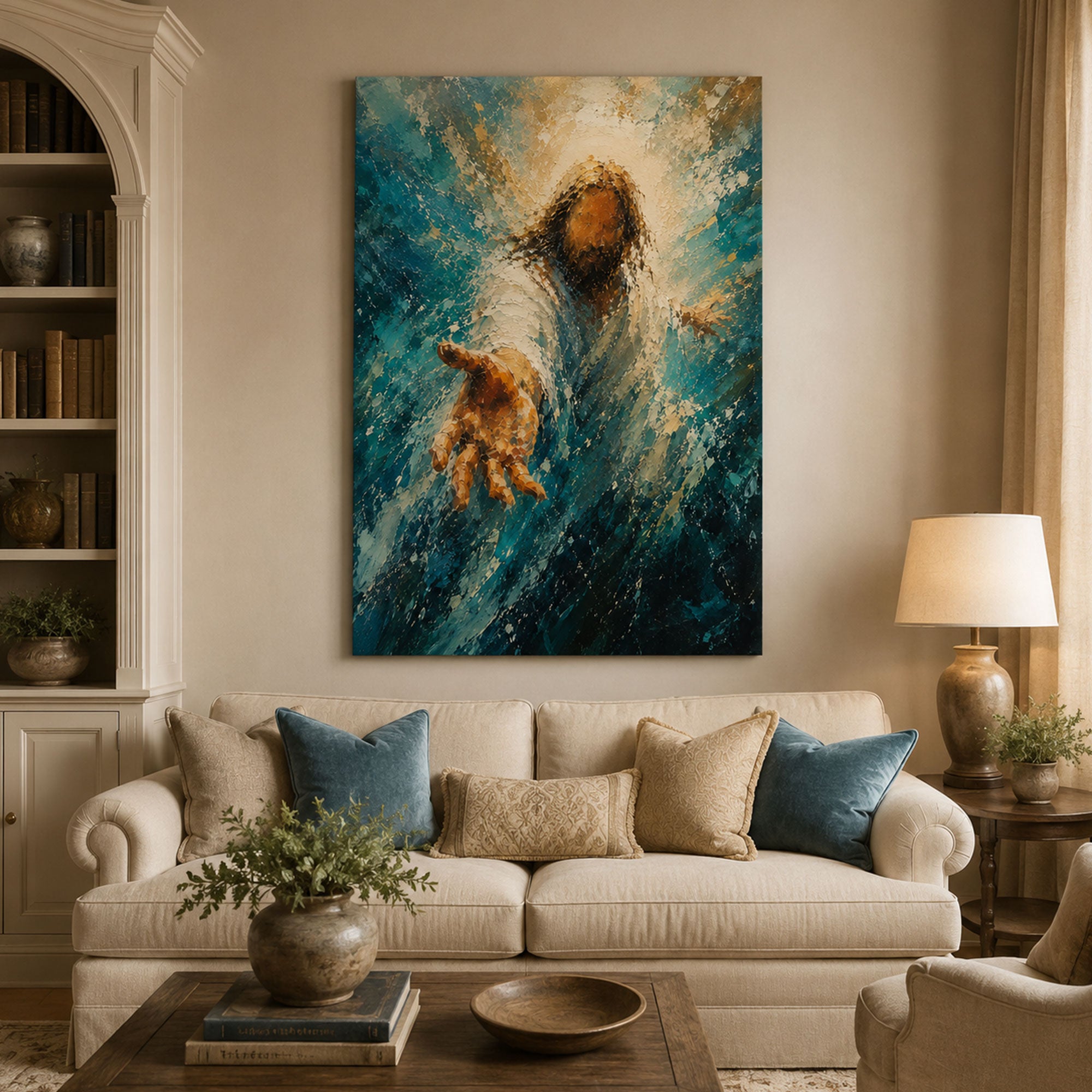 Jesus Reaching Out Canvas Print, Stormy Sea Christian Wall Art, Faith and Hope Home Decor