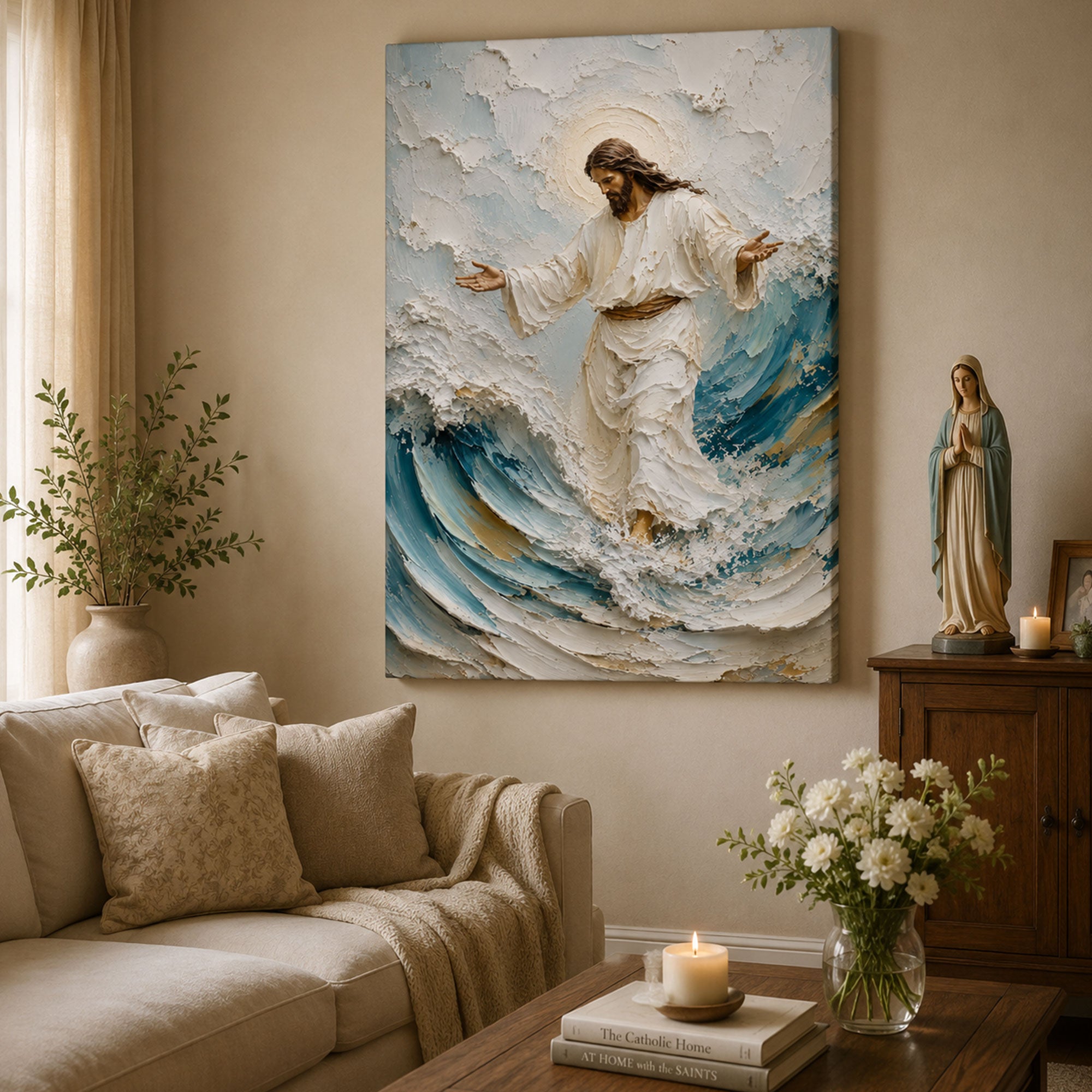 Jesus Walking on Water Canvas Print, Christian Ocean Wall Art, Faith Home Decor