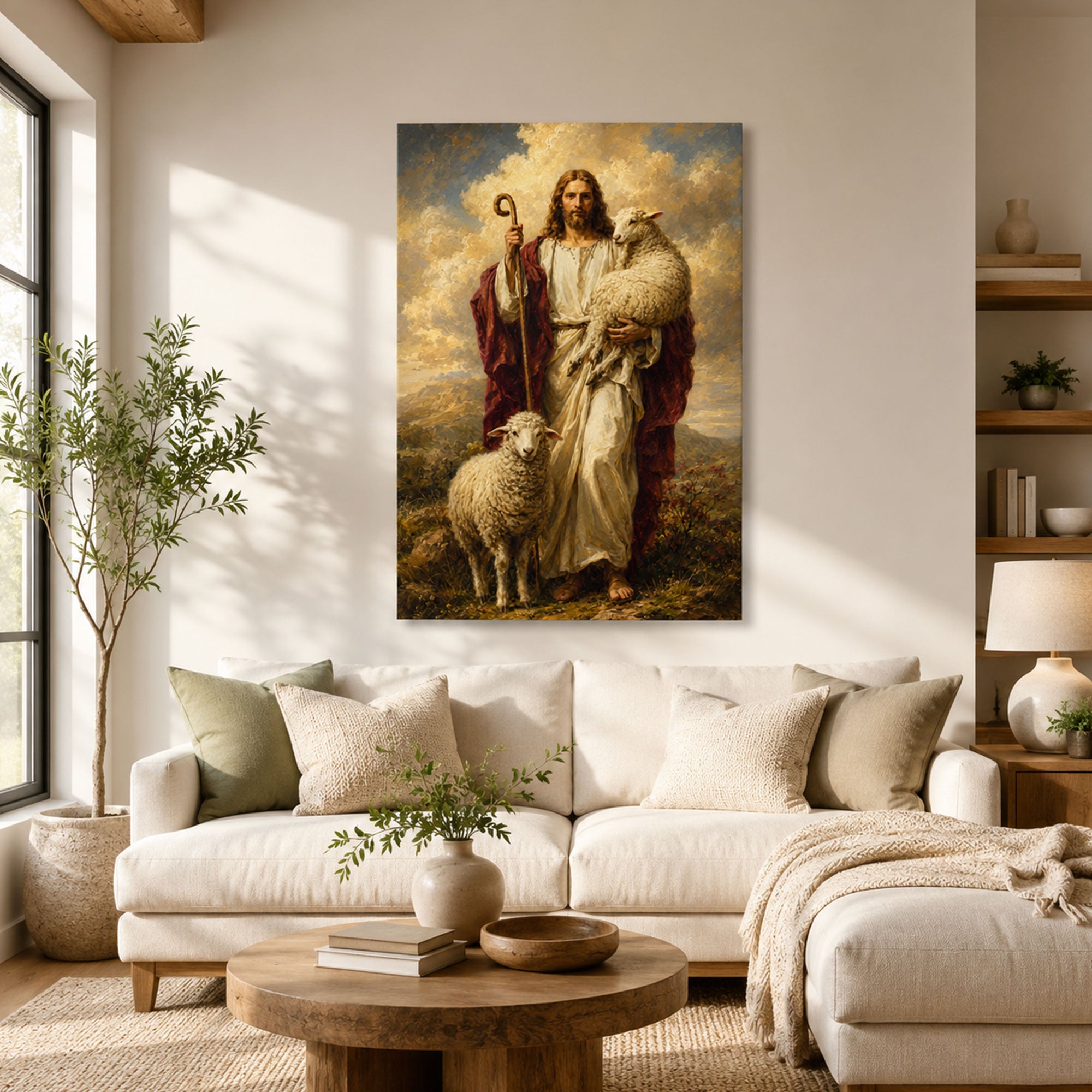 Jesus the Good Shepherd Canvas Print, Christ Holding the Lamb Christian Wall Decor, Faith Gift
