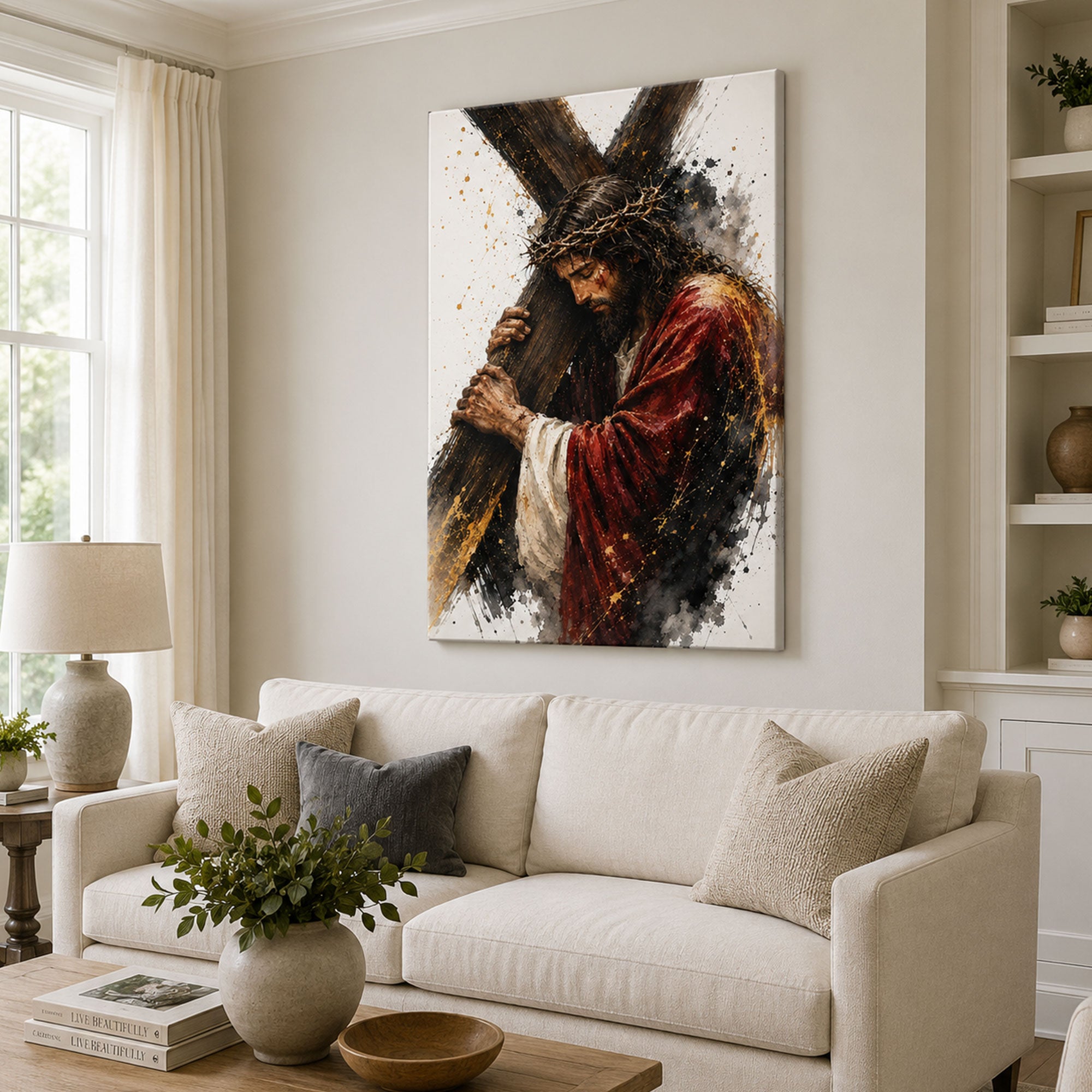 Jesus Carrying the Cross Canvas Print, Crown of Thorns Christian Wall Decor, Catholic Faith Gift