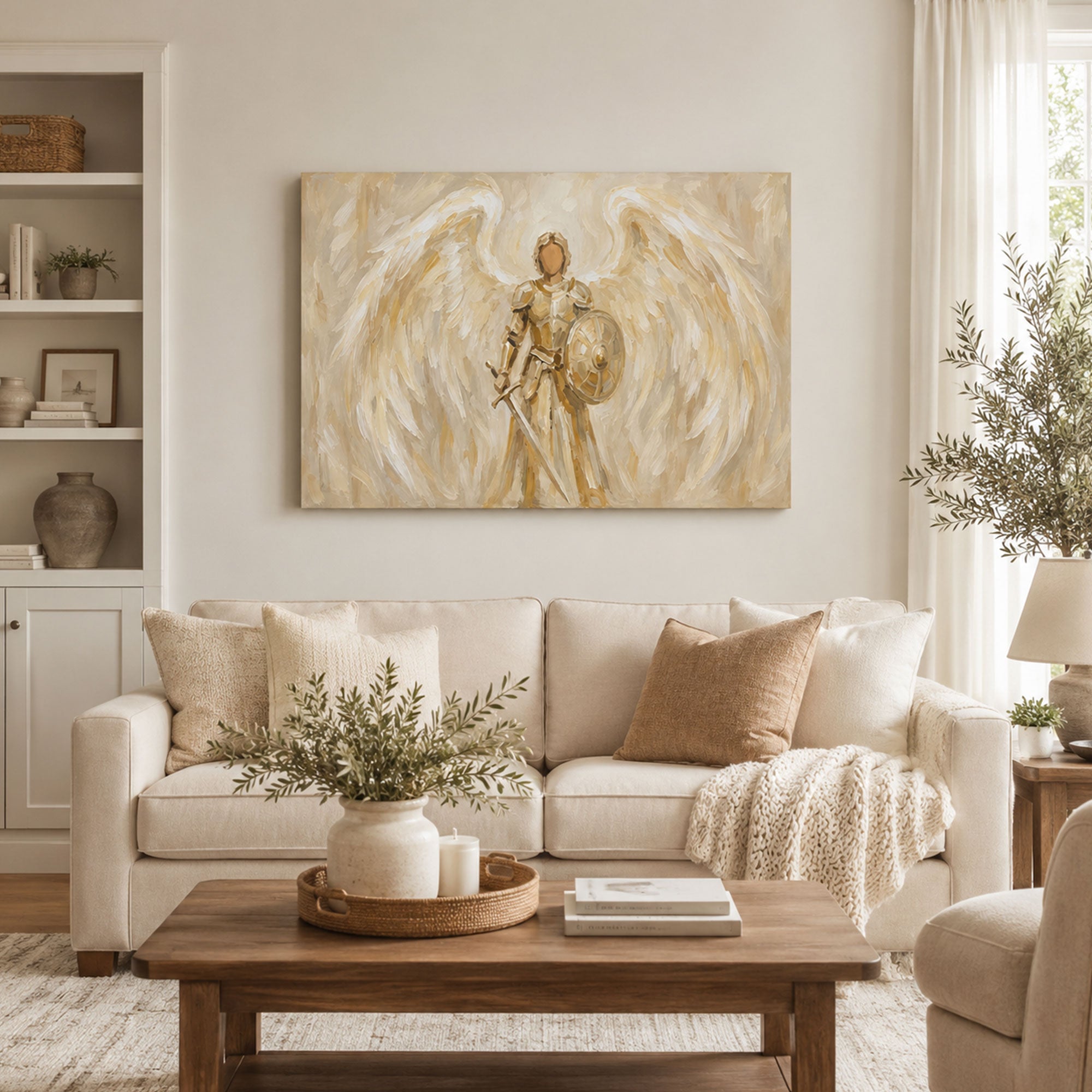 Saint Michael Angel Warrior Canvas Print, White and Gold Catholic Wall Decor