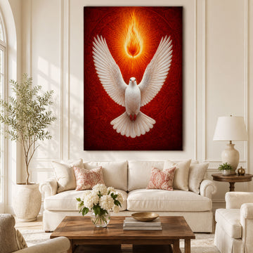 Holy Spirit Fire Dove Canvas Print, Pentecost Christian Wall Art, Divine Flame Faith Decor