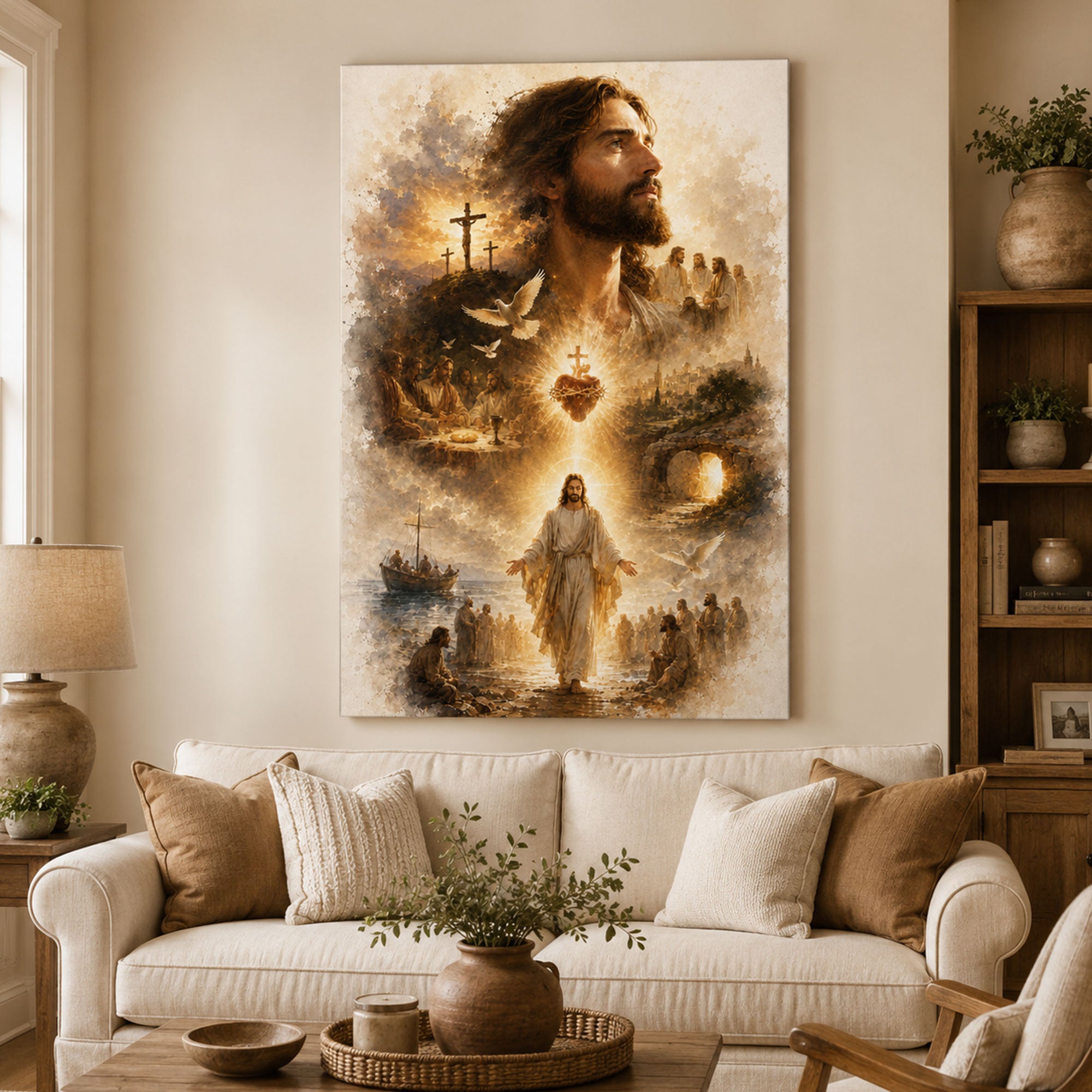 Life of Jesus Sacred Heart Canvas Print, Biblical Scenes Christian Wall Art, Catholic Religious Home Decor Gift