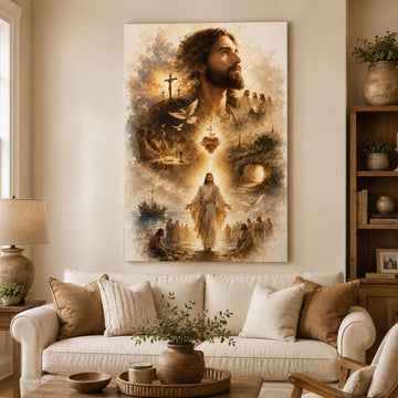Life of Jesus Sacred Heart Canvas Print, Biblical Scenes Christian Wall Art, Catholic Religious Home Decor Gift