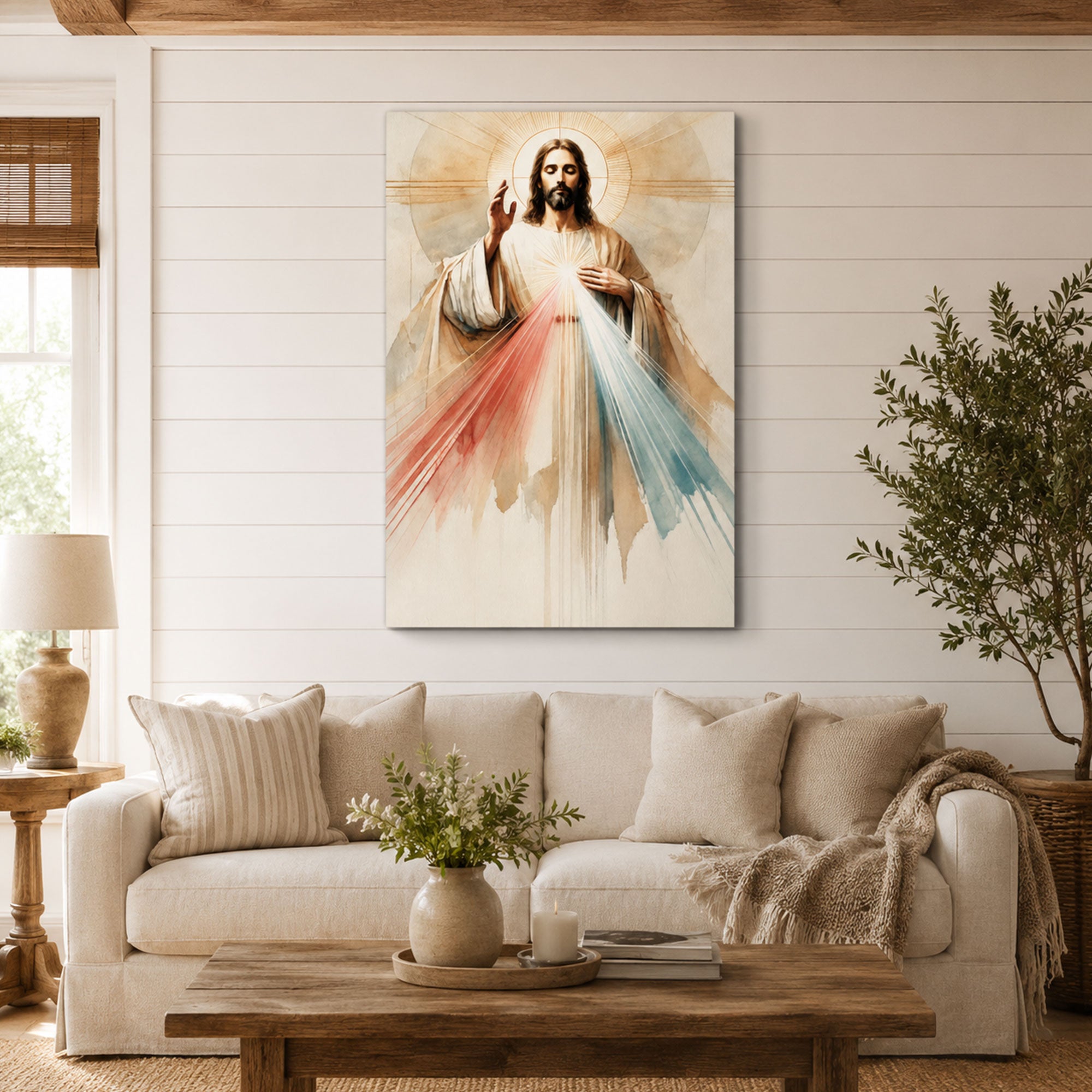 Divine Mercy of Jesus Watercolor Canvas Print, Sacred Heart Christian Catholic Wall Art, Inspirational Faith Decor