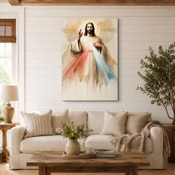 Divine Mercy of Jesus Watercolor Canvas Print, Sacred Heart Christian Catholic Wall Art, Inspirational Faith Decor