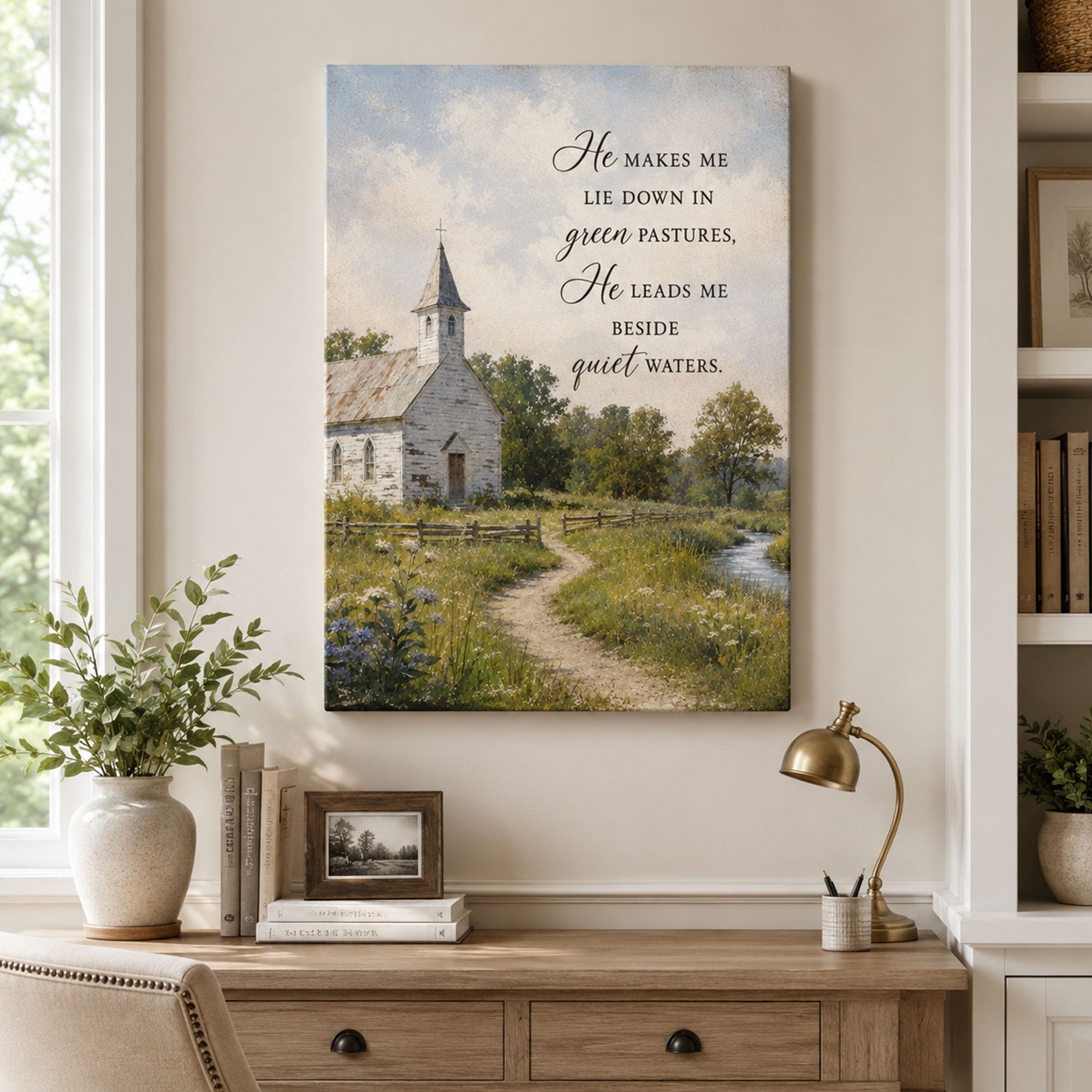Psalm 23:2 Green Pastures Canvas Print, Christian Home Decor