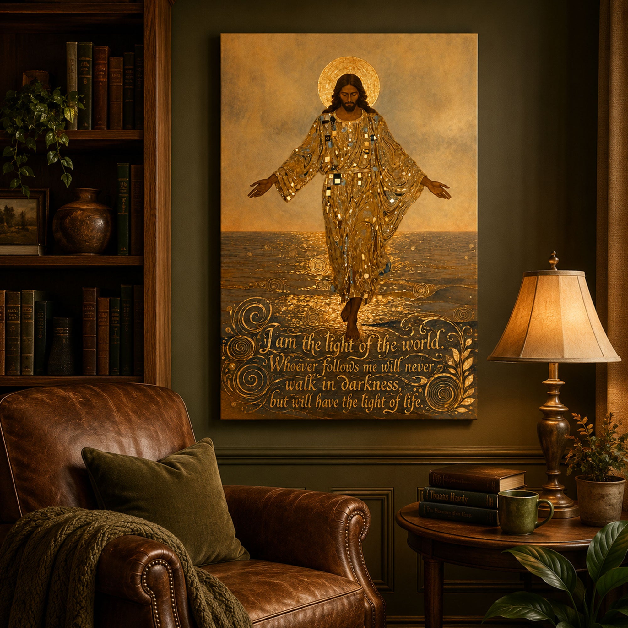 I Am the Light of the World Canvas Print, Golden Jesus Christian Wall Art, Inspirational Bible Verse Faith Decor