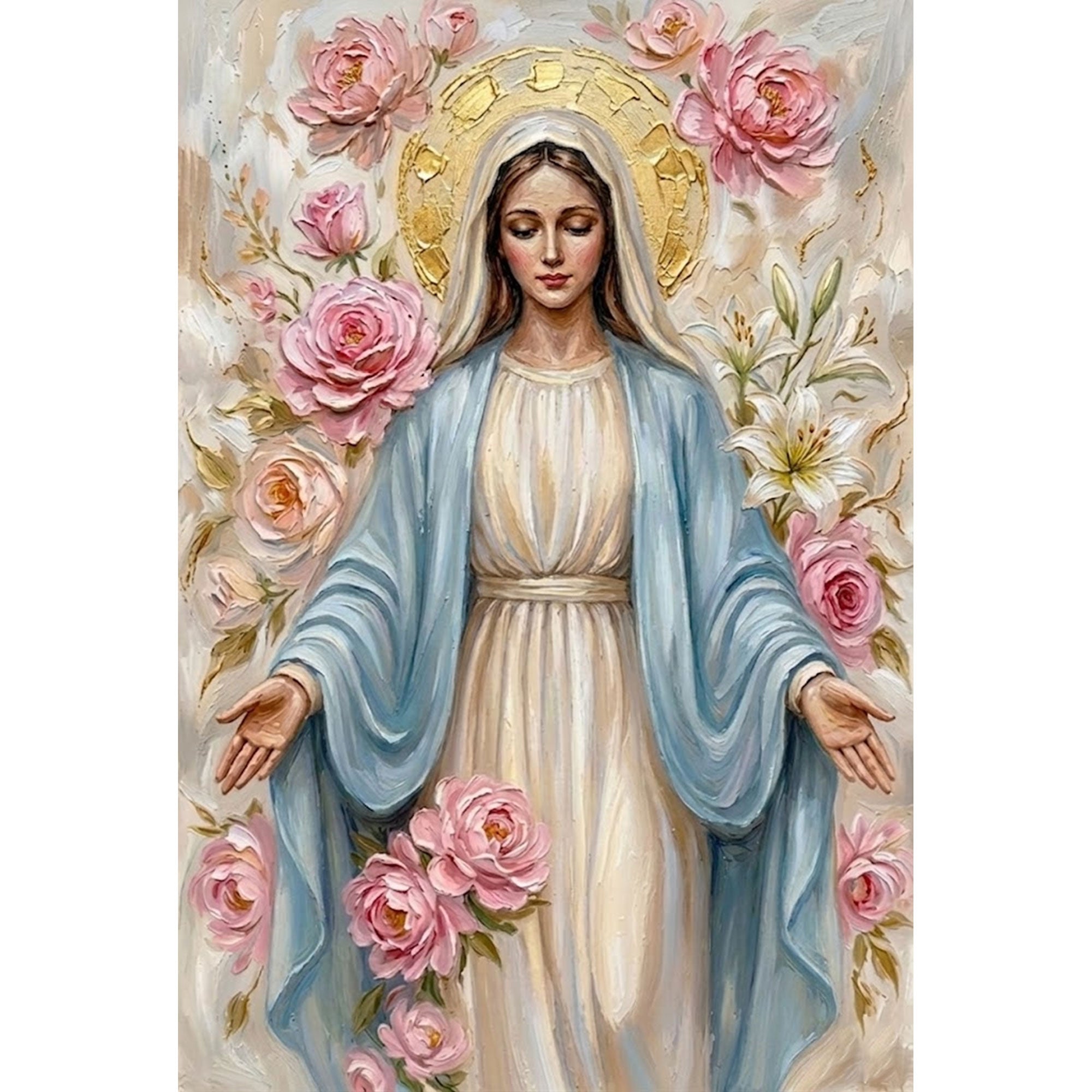Virgin Mary of Gentle Grace Canvas Print, Soft Floral Madonna Wall Art, A Symbol of Love, Peace, and Divine Comfort