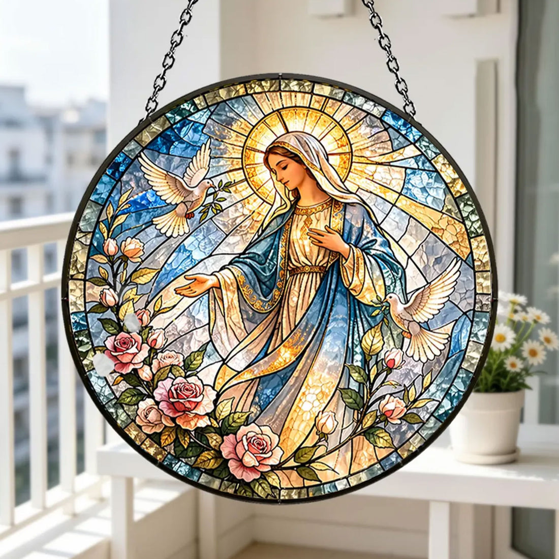 Virgin Mary with Doves and Roses Suncatcher, Catholic Window Hanging, Christian Religious