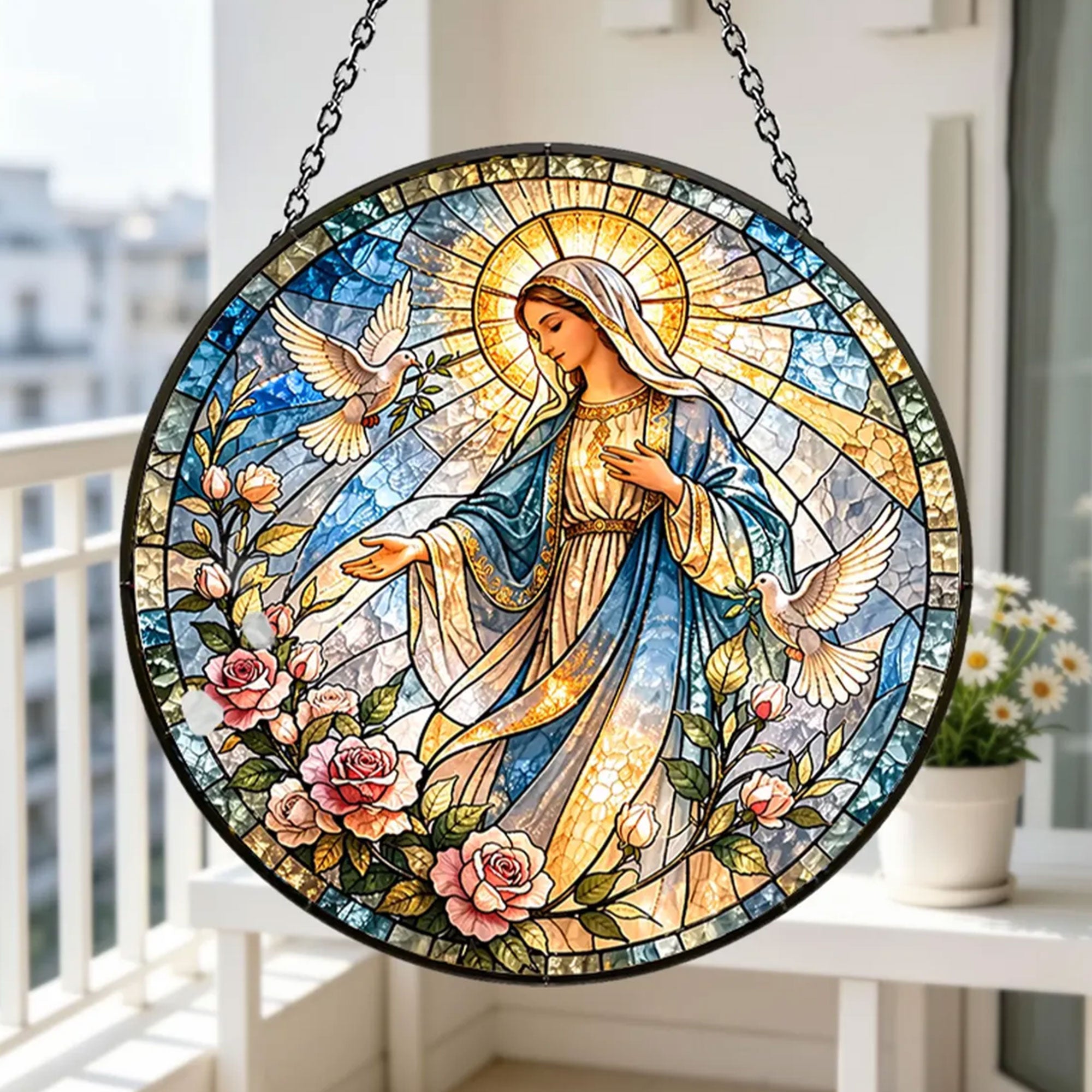 Virgin Mary with Doves and Roses Suncatcher, Catholic Window Hanging, Christian Religious