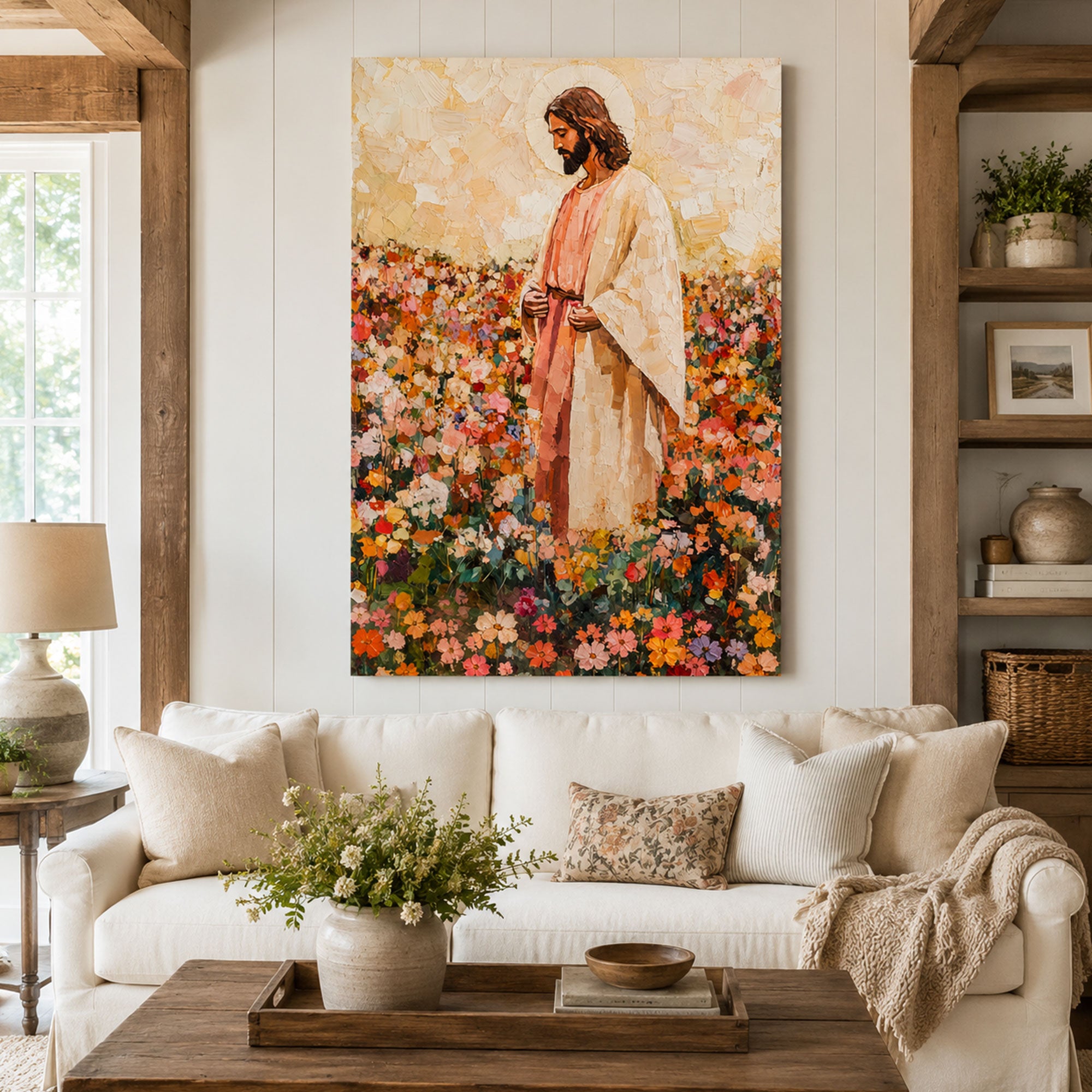 Jesus in Wildflower Field Canvas Print, Impressionist Christian Wall Art, Peaceful Faith Home Decor