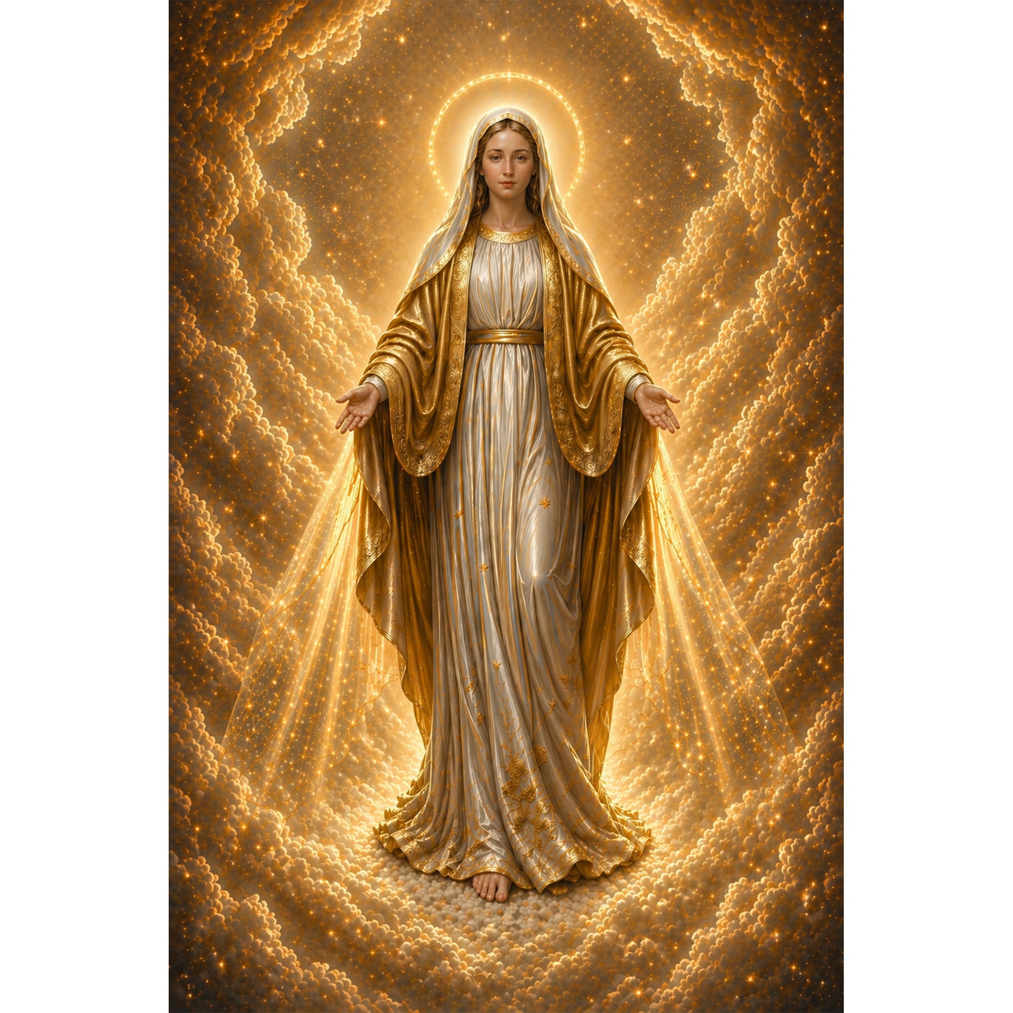 Our Lady of Heavenly Light Canvas Print, Radiant Virgin Mary Wall Art, Catholic Divine Grace Decor, Golden Sacred Artwork