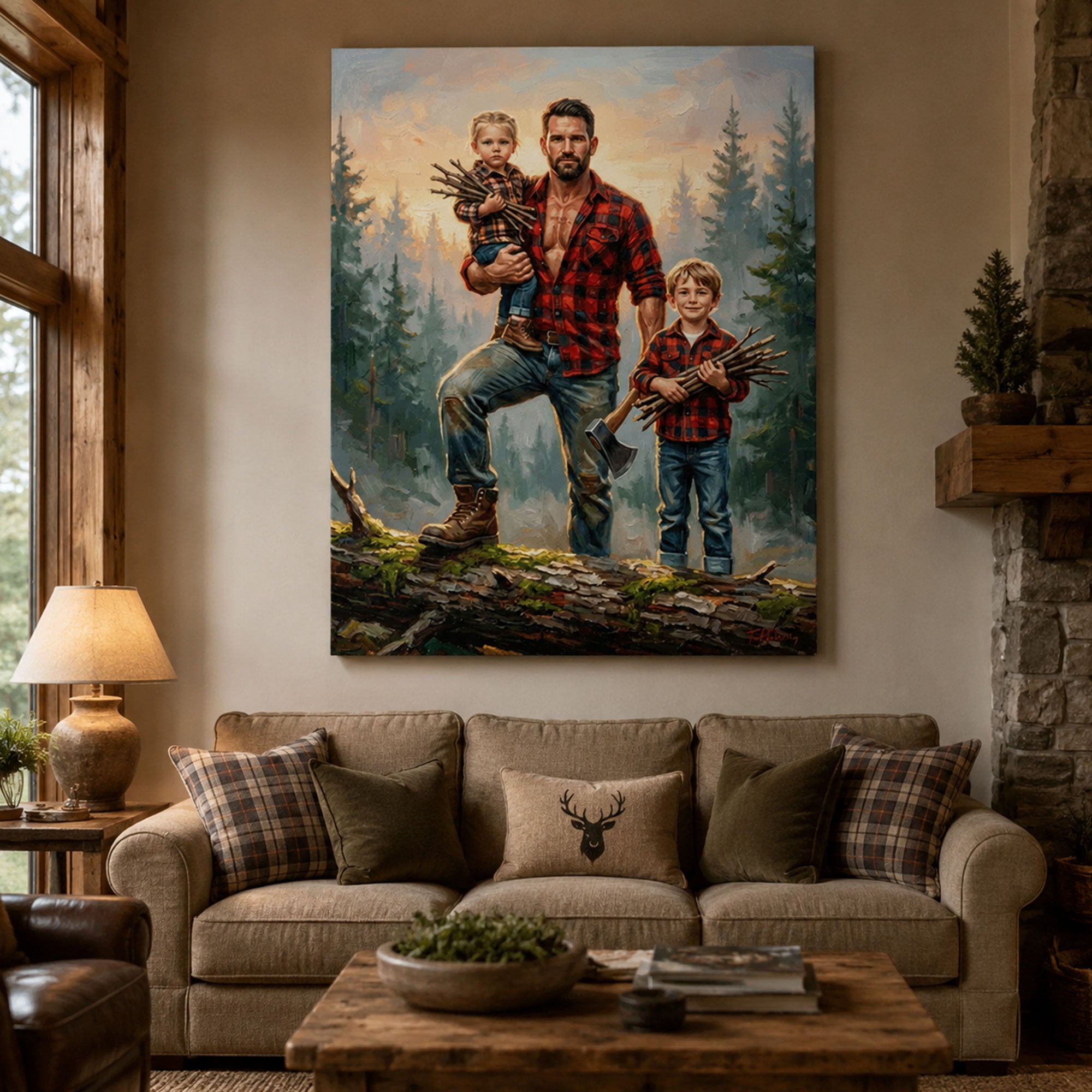 Custom Face Lumberjack Dad Canvas Print, Personalized Father and Kids Portrait, Father’s Day Gift