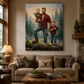 Custom Face Lumberjack Dad Canvas Print, Personalized Father and Kids Portrait, Father’s Day Gift