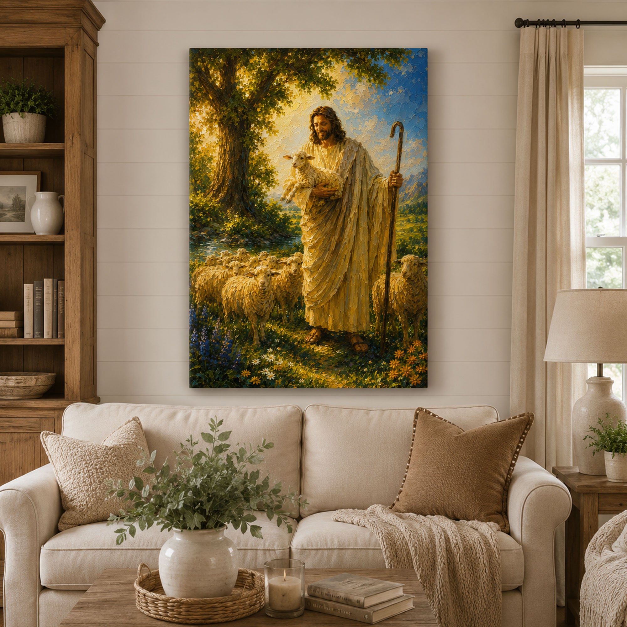 Good Shepherd with Lamb Canvas Print, Jesus Shepherd Christian Wall Art, Faith Home Decor Gift