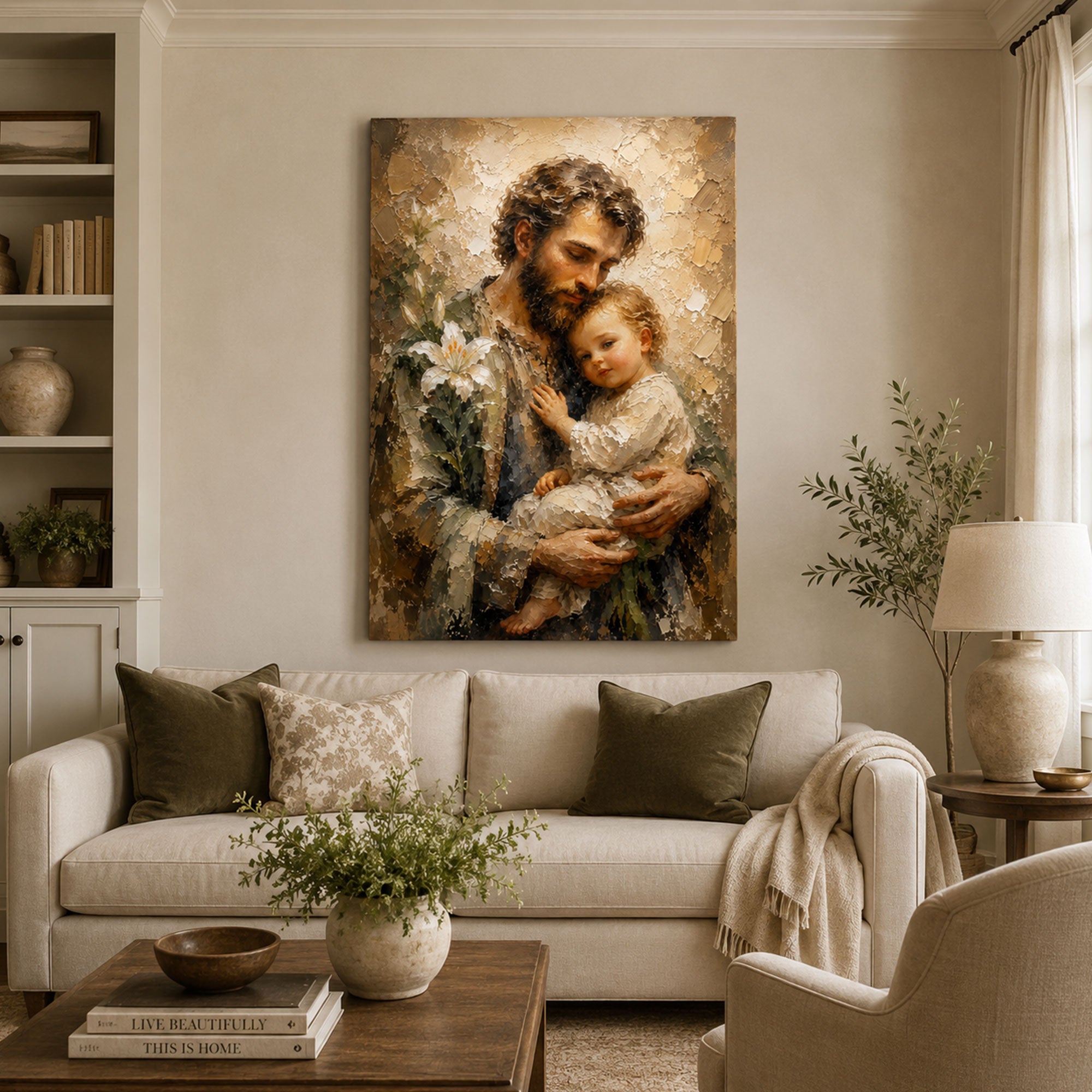 St. Joseph and Child Jesus Canvas Print, Saint Joseph with Lily Catholic Wall Art, Christian Family Home Decor