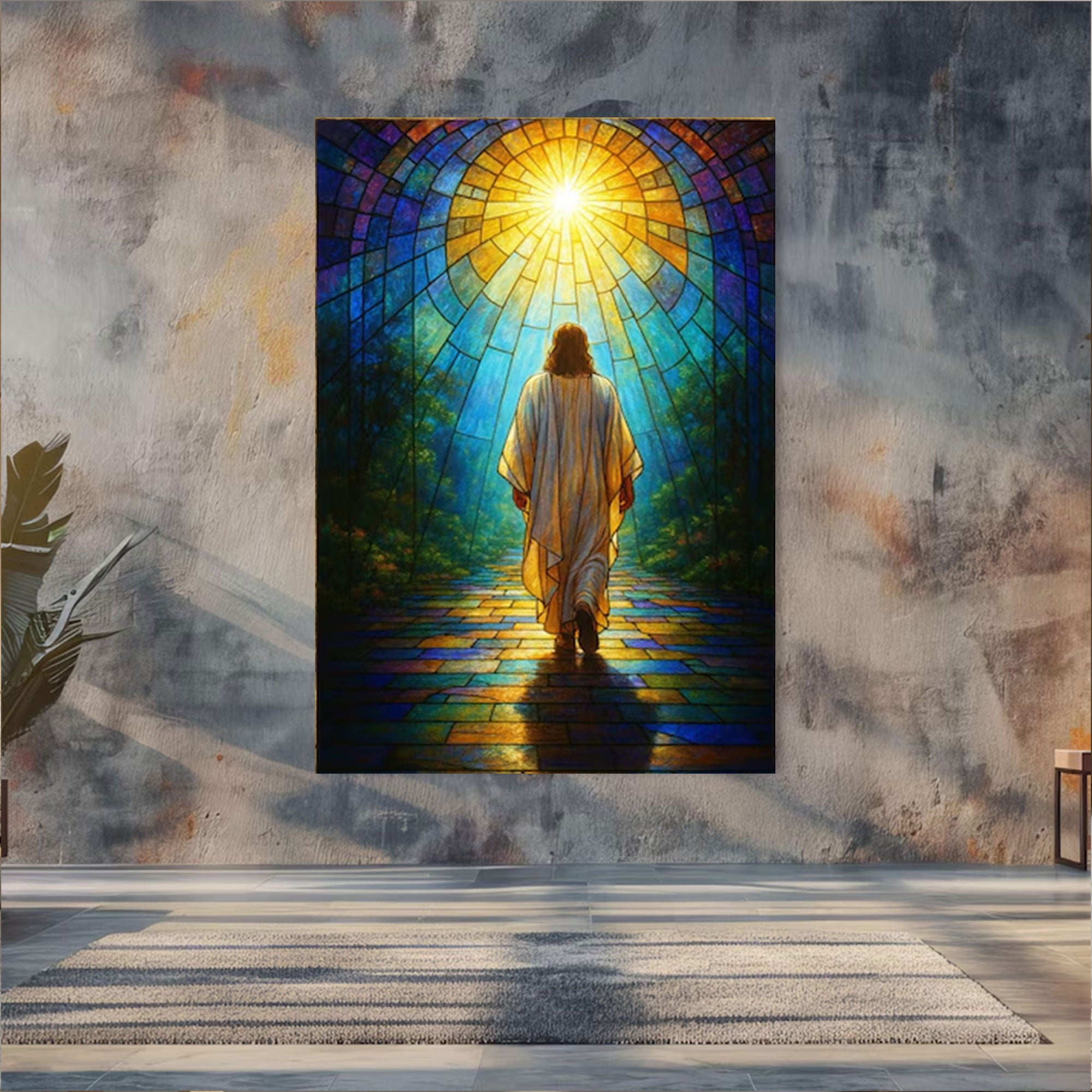 Inspirational Jesus Walking Path Canvas Print, Stained Glass Sunlight Christian Wall Art, Faith Journey Home Decor
