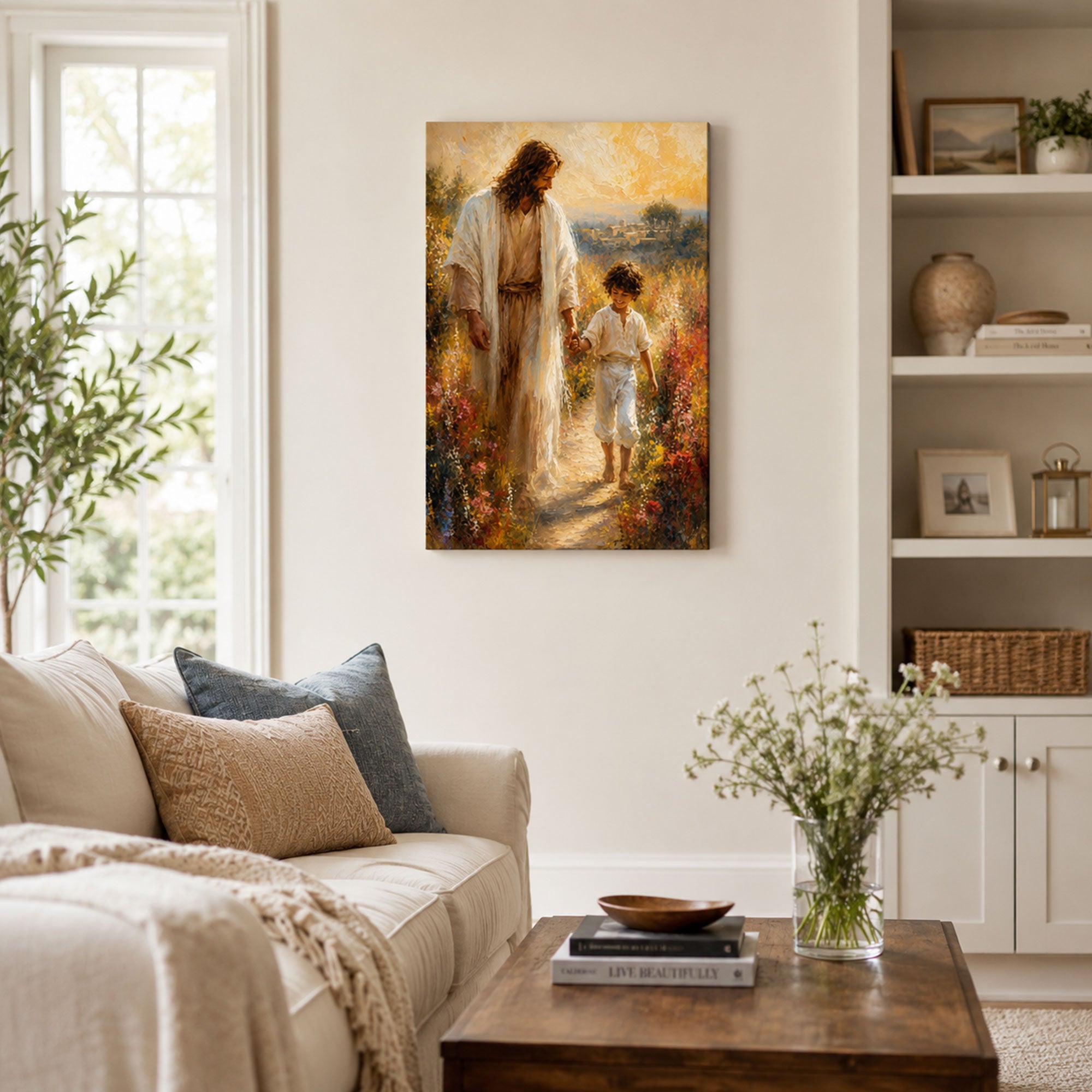 Jesus Walking with a Child Canvas Print, Peaceful Christian Home Decor