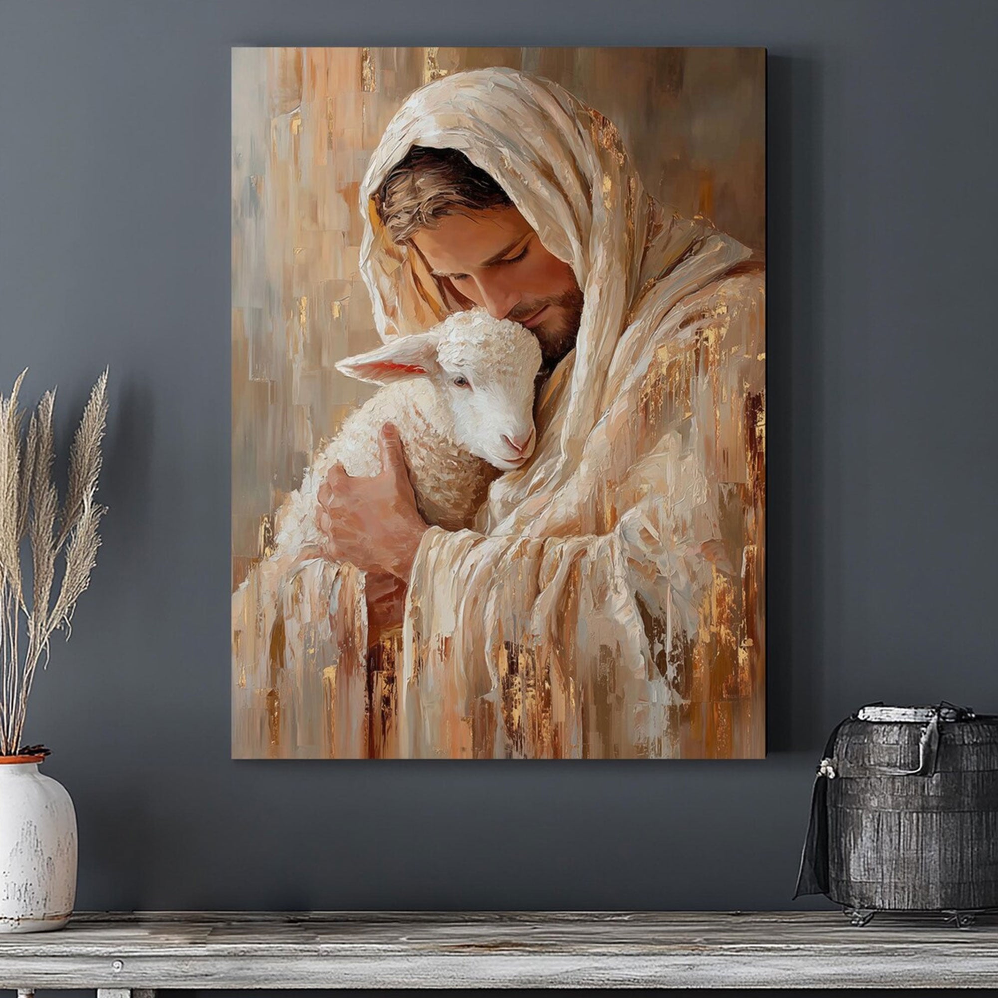 Jesus Hugging Lamb Canvas Print, Christian Wall Art, Good Shepherd Artwork, Religious Home Decor Gift