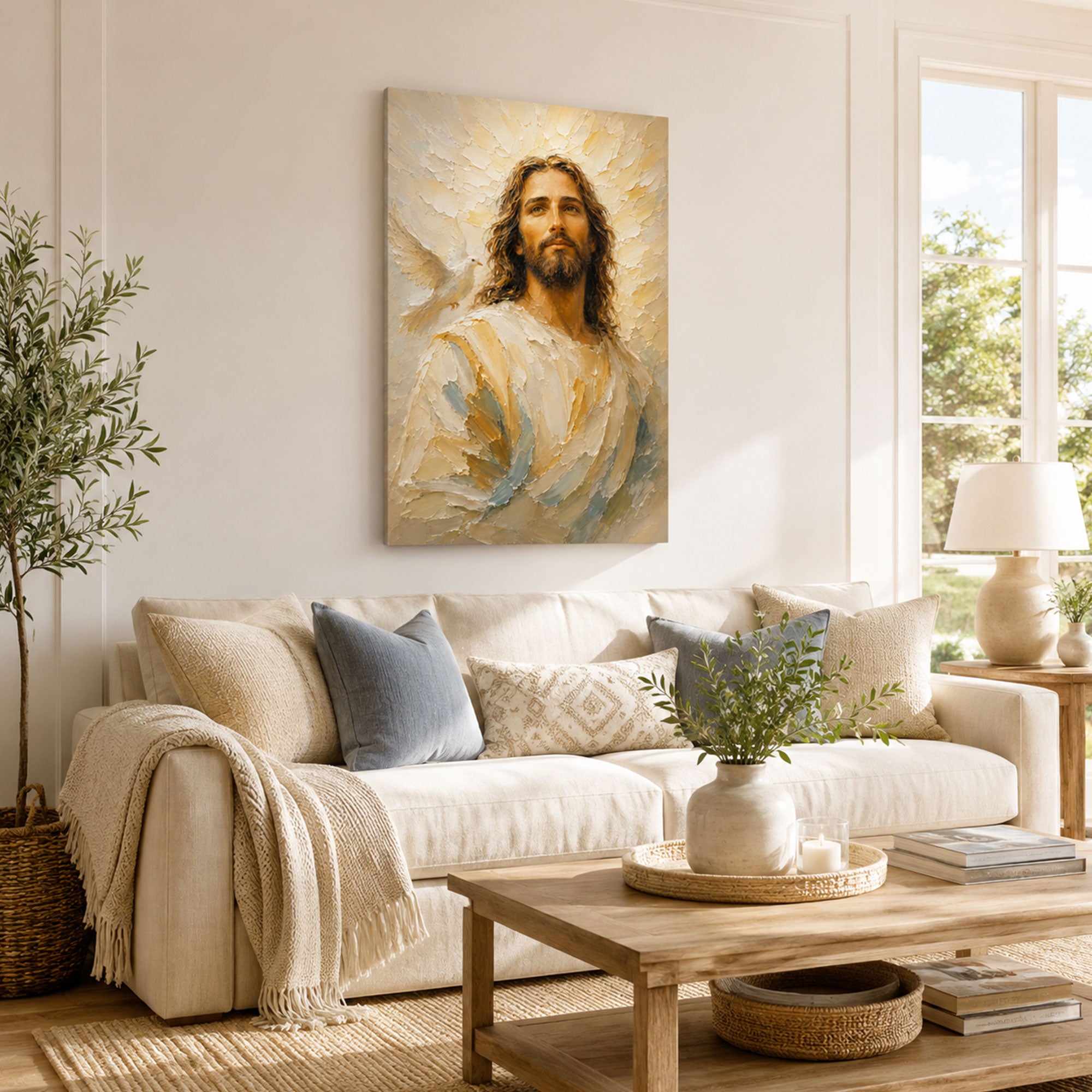 Jesus with Holy Spirit Dove Canvas Print, Light of Christ Christian Wall Decor, Faith Gift
