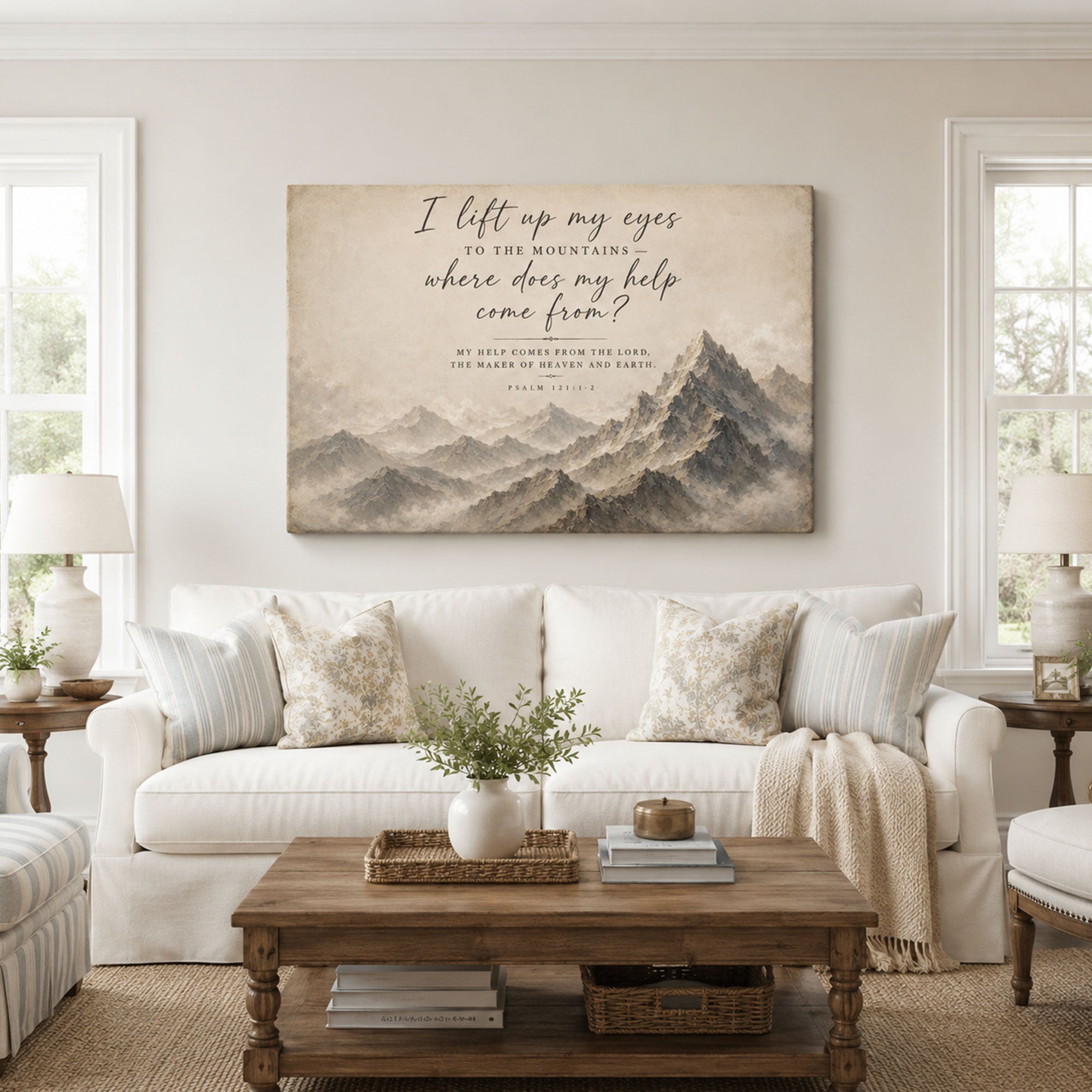 Psalm 121:1-2 Canvas Print, I Lift My Eyes to the Mountains Christian Scripture Wall Art, Faith Home Decor Gift
