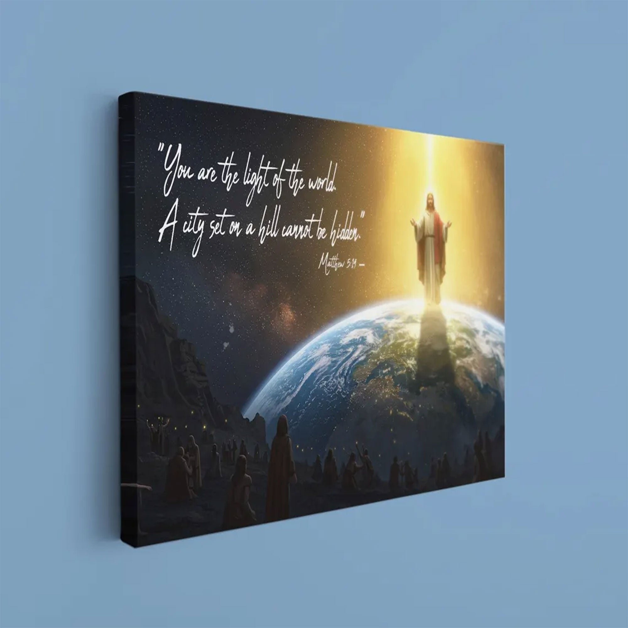 Matthew 5:14 Canvas Wall Art, Light of the World Bible Verse, Christian Scripture Canvas, Jesus Religious Home Decor