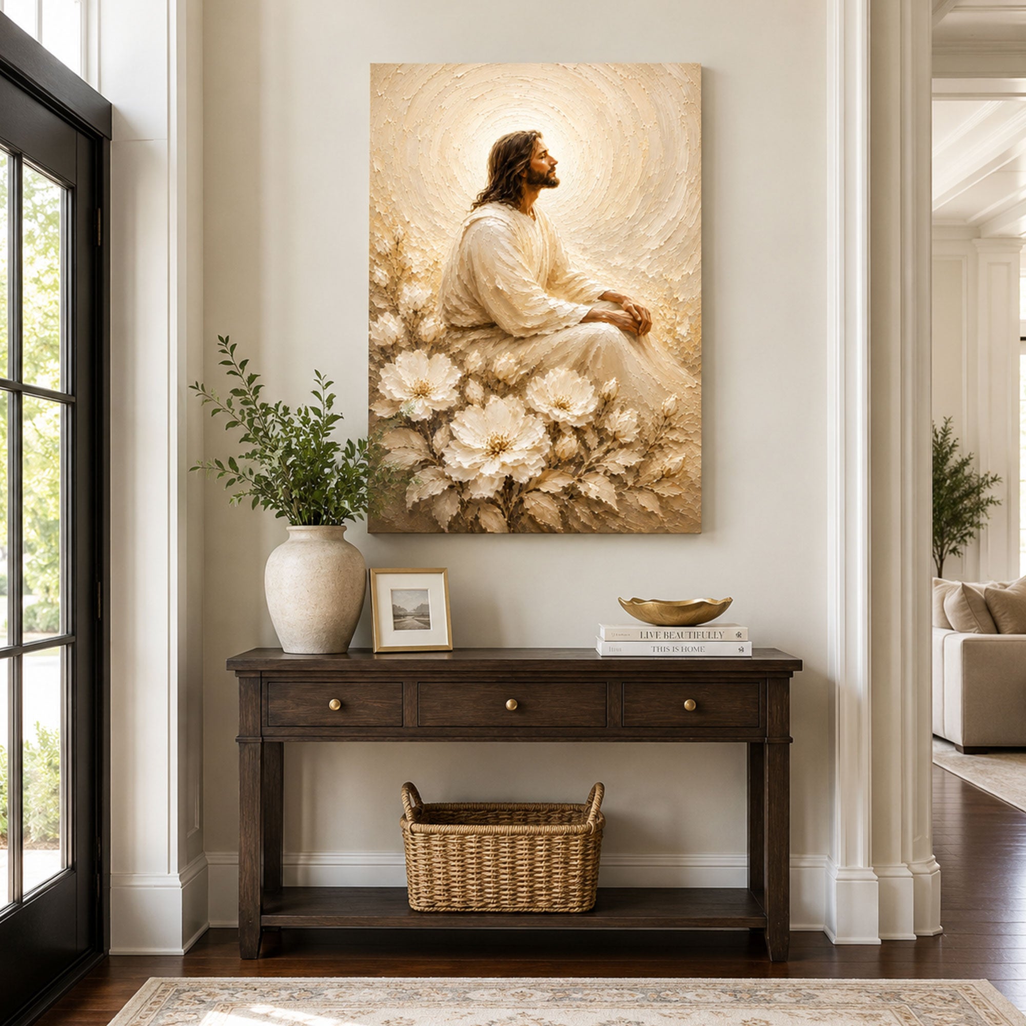 Peaceful Jesus in White Flowers Canvas Print, Soft Christian Wall Art, Neutral Faith Home Decor Gift