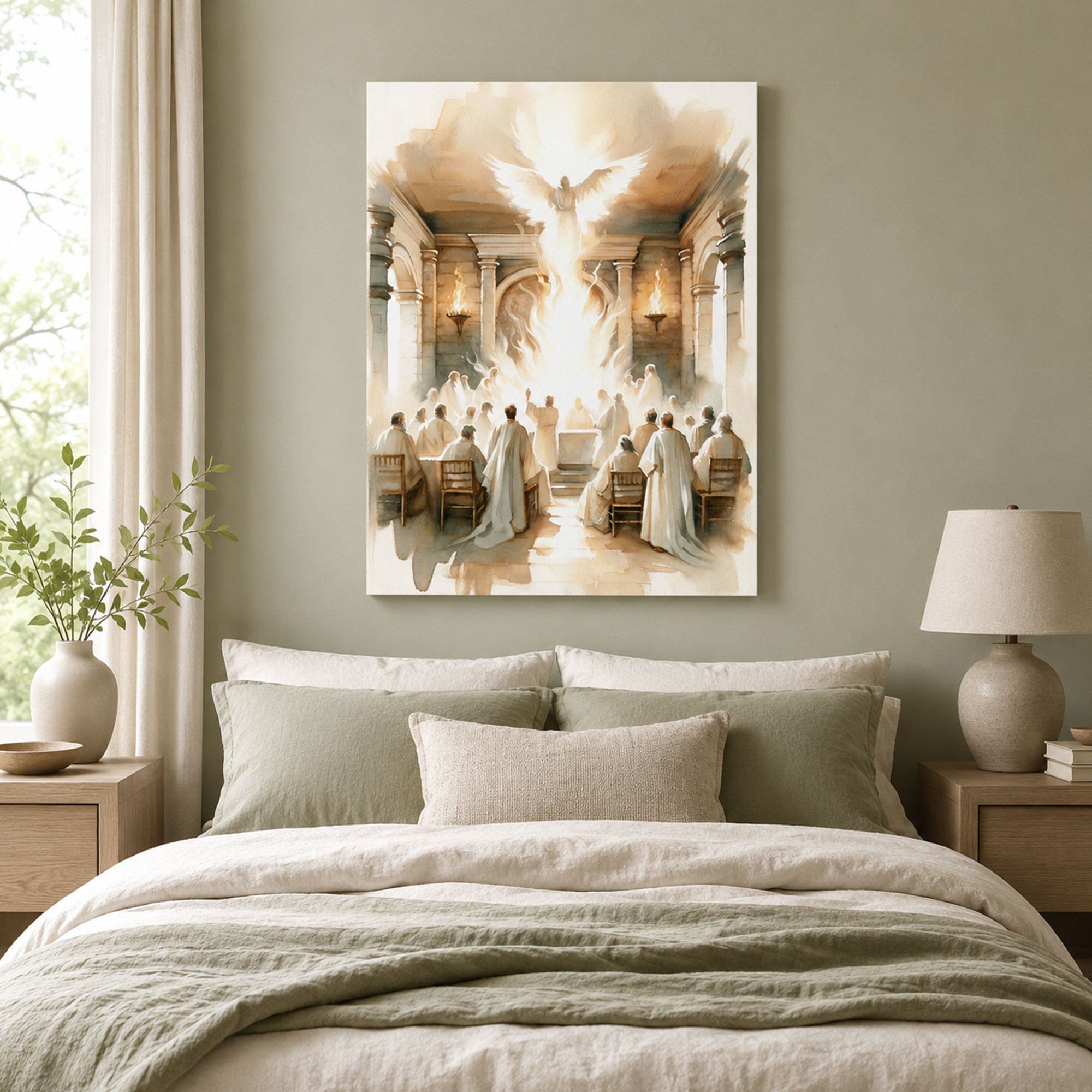 Pentecost Holy Spirit Canvas Print, Dove of Fire Christian Wall Art, Sacred Church Gathering Faith Decor