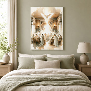 Pentecost Holy Spirit Canvas Print, Dove of Fire Christian Wall Art, Sacred Church Gathering Faith Decor