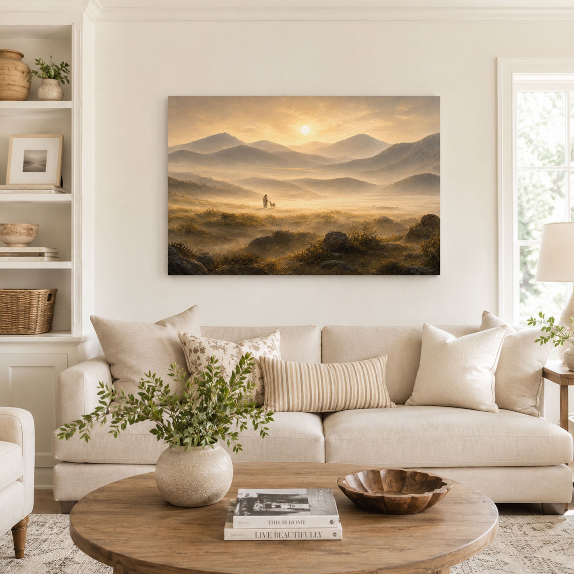Good Shepherd in the Mountain Valley Canvas Print, Christian Home Decor