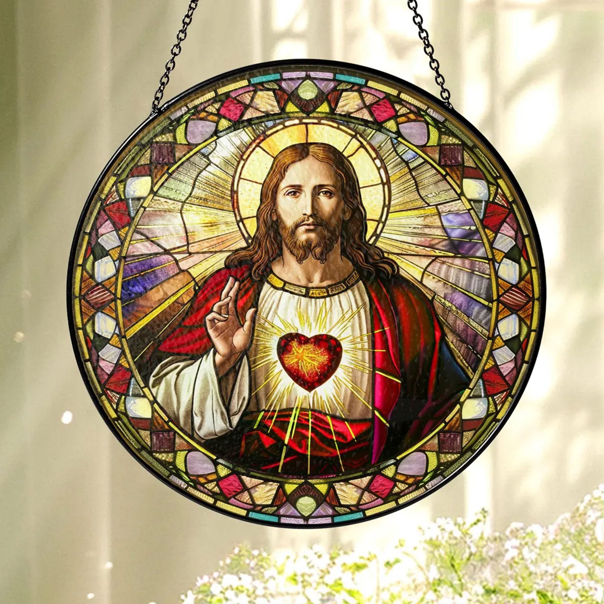 Sacred Heart of Jesus Stained Glass Suncatcher, Catholic Window Hanging Decor, Christian Religious Faith Gift