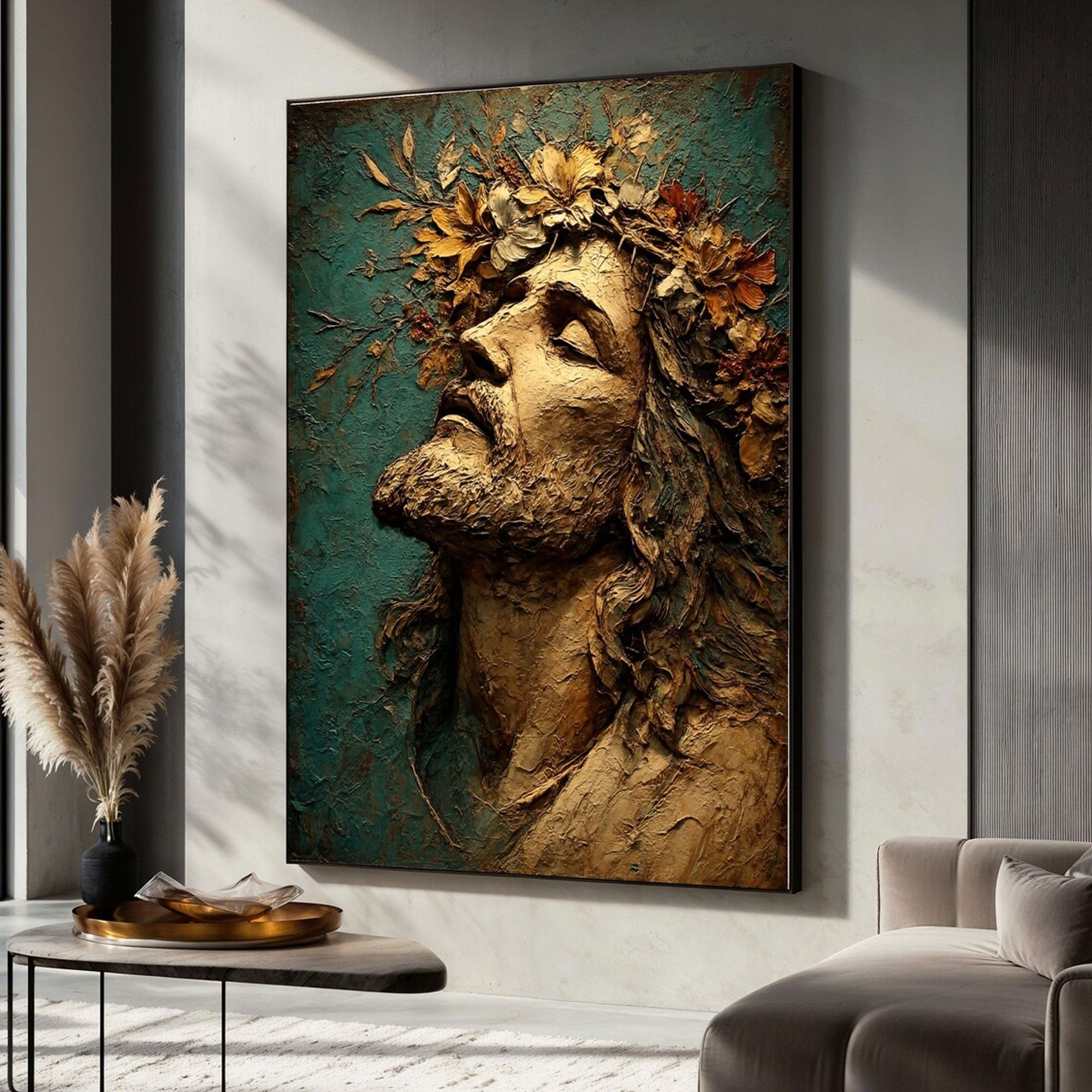 Reverent Jesus Portrait Canvas Print, Floral Crown Christian Wall Art, Sacred Inspirational Faith Decor