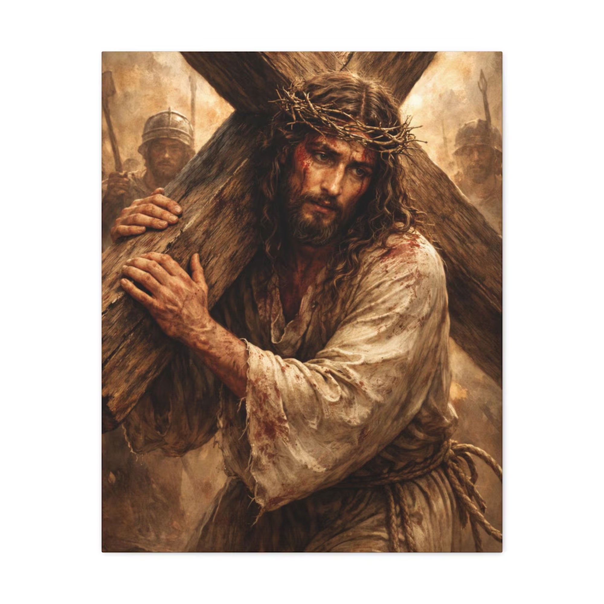 Jesus Carrying the Cross Canvas Wall Art, Christian Religious Decor, Catholic Faith Painting