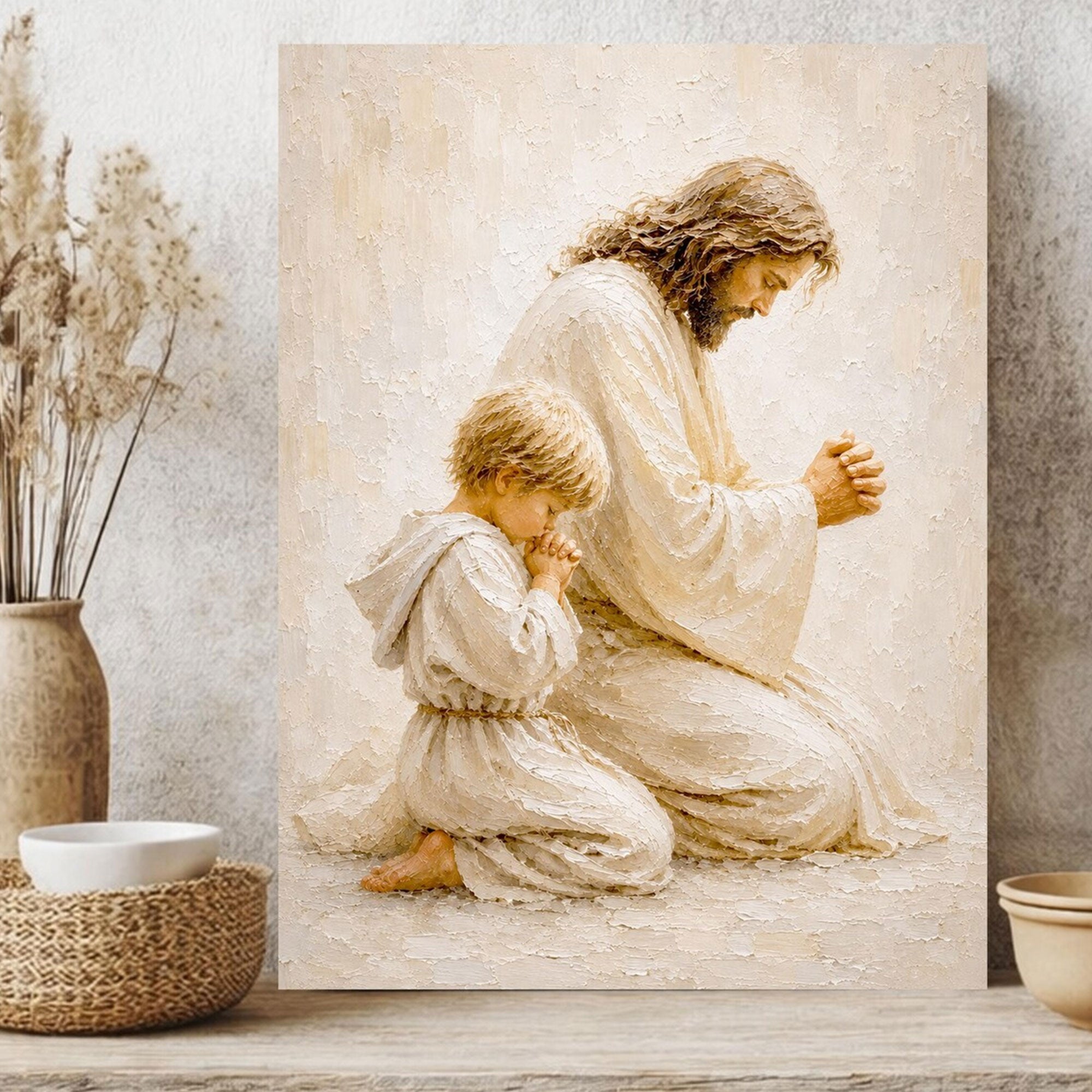 Jesus Praying With Child Canvas Print, Christian Family Prayer Wall Art, Peaceful Faith Home Decor