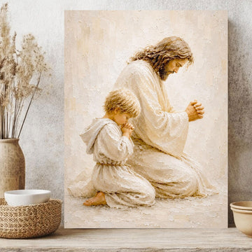 Jesus Praying With Child Canvas Print, Christian Family Prayer Wall Art, Peaceful Faith Home Decor