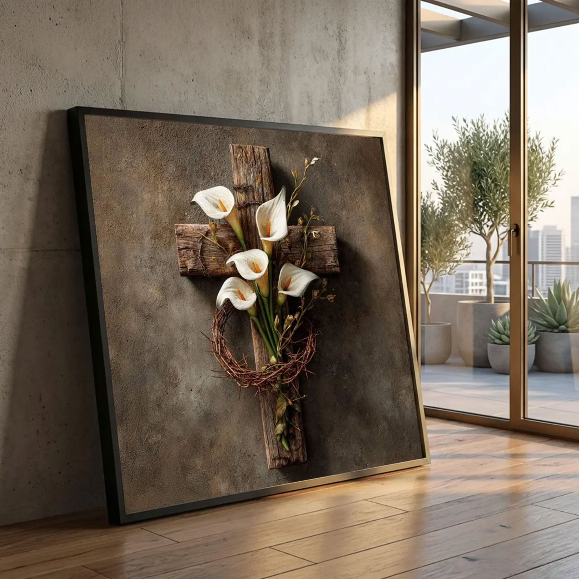 Rustic Wooden Cross Canvas Print, Calla Lily and Crown of Thorns Wall Art, Christian Floral Decor, Faith Based Home Decor, Inspirational Gift