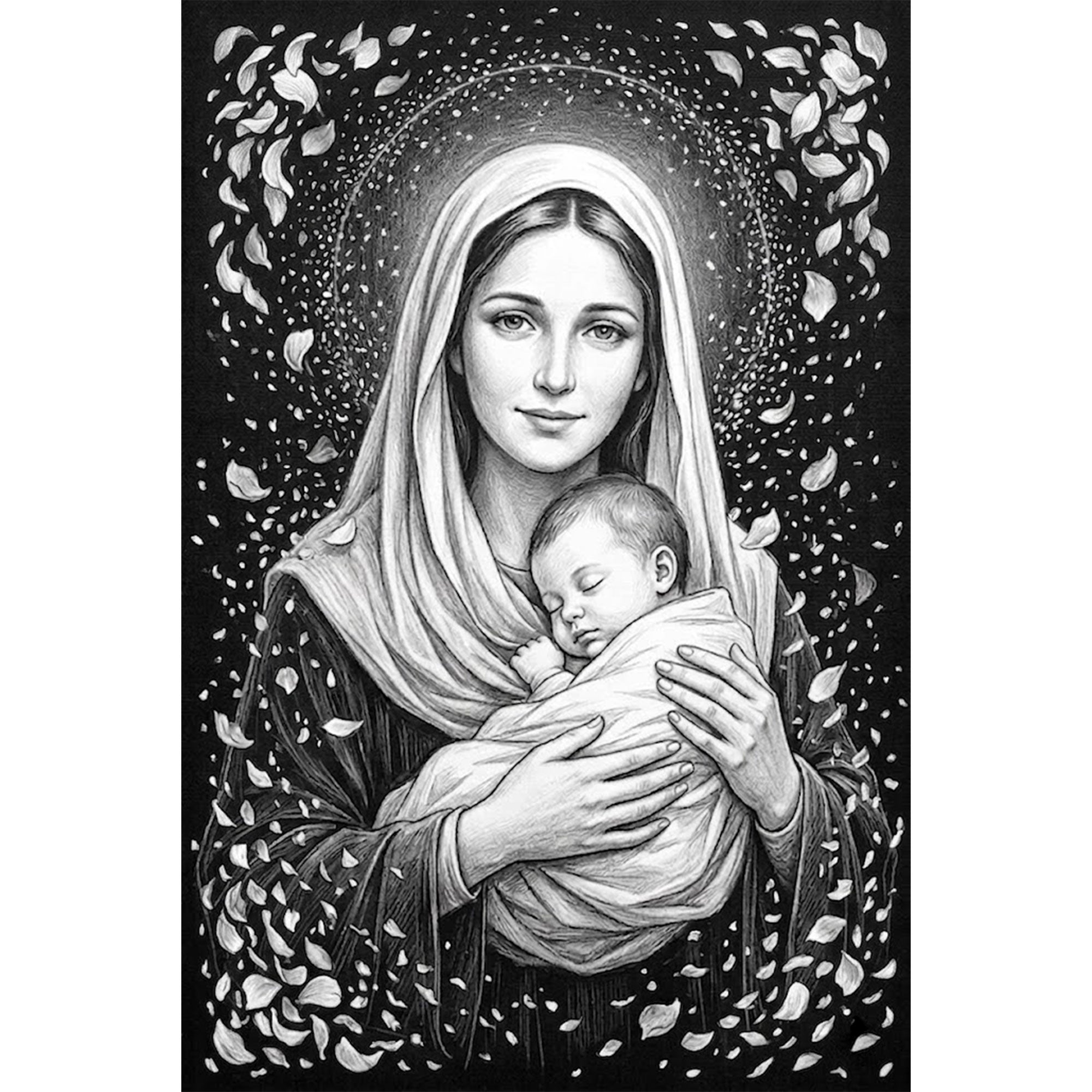 Black and White Virgin Mary with Child Canvas Print, Madonna and Baby Jesus Wall Art, Catholic Religious Decor
